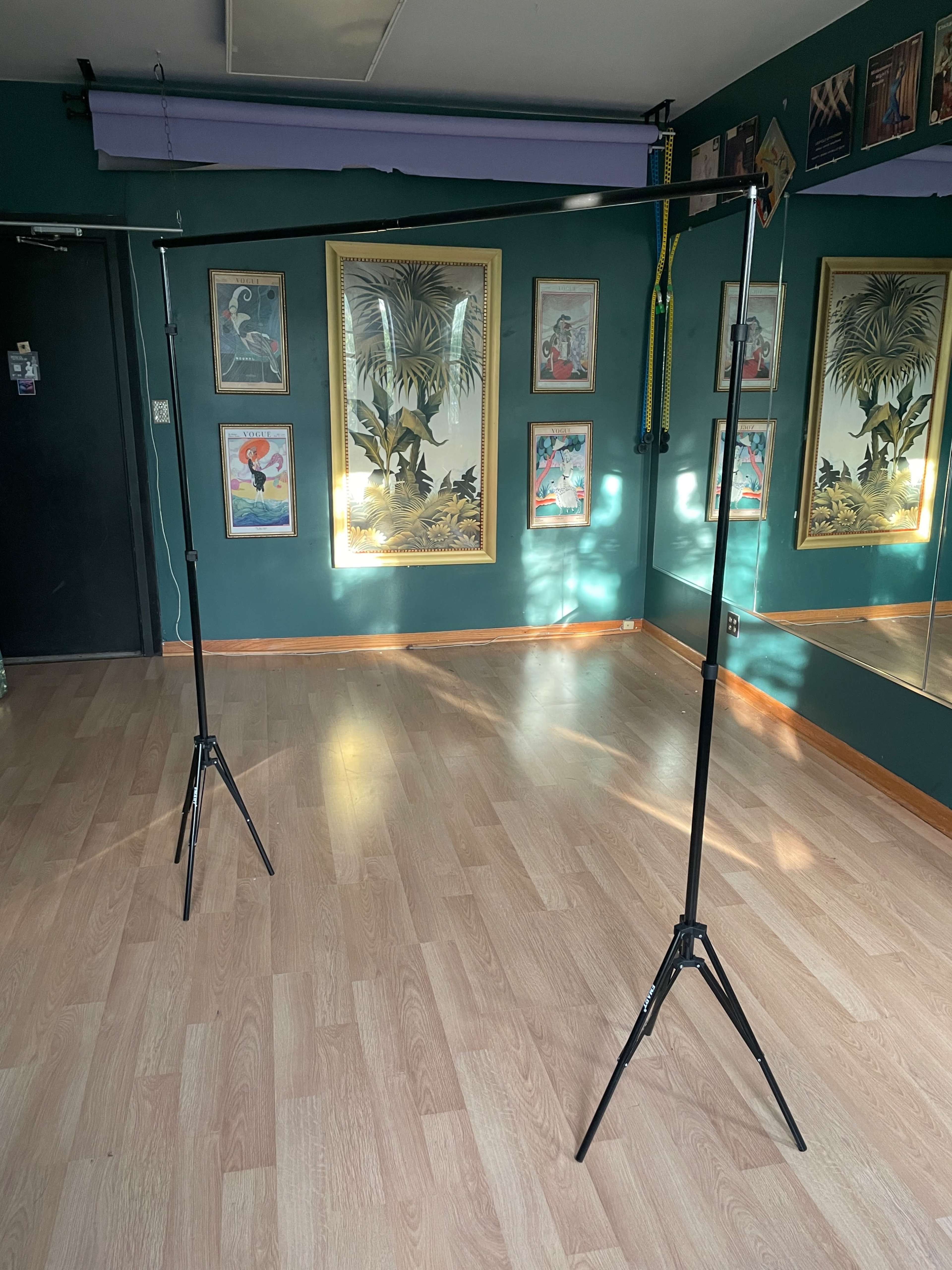 The image shows a black backdrop stand set up in a brightly lit room with green walls and various framed artworks.