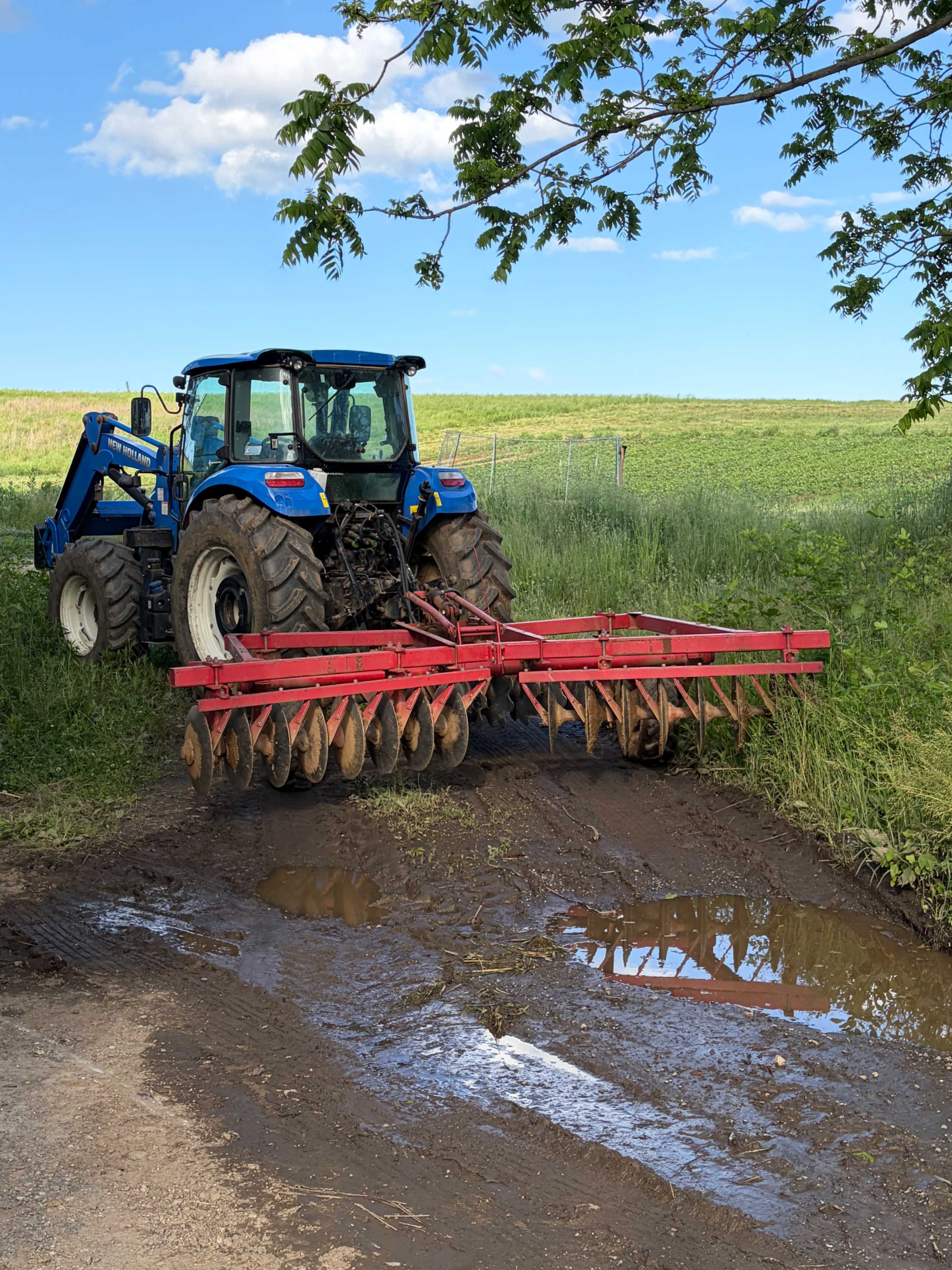 A blue tractor with a red disk harrow is parked on a muddy road next to a grassy field under a clear sky.