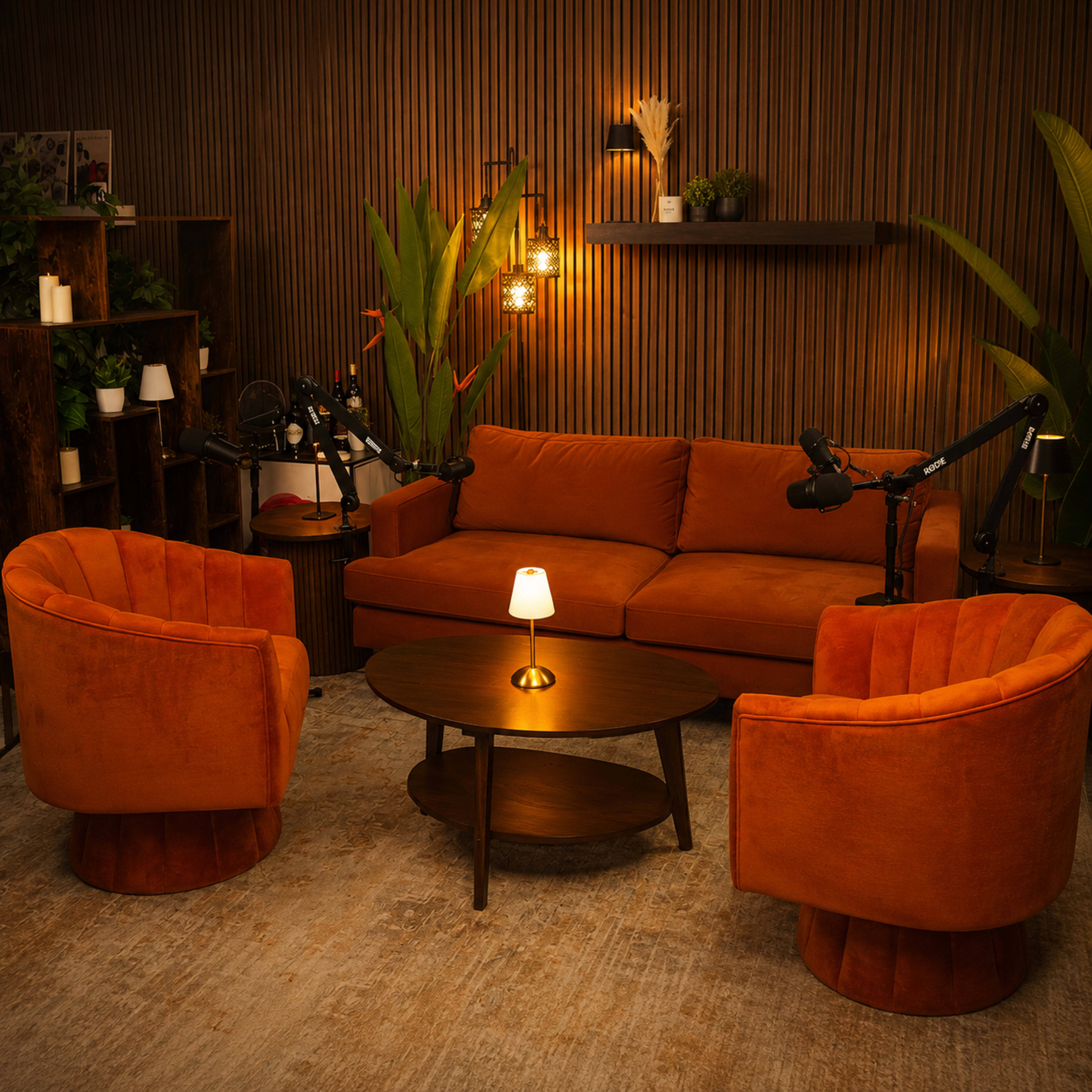 The image shows a cozy conversation area featuring an orange couch and two matching armchairs, arranged around a small circular table under warm lighting, with plants and wall decor in the background.
