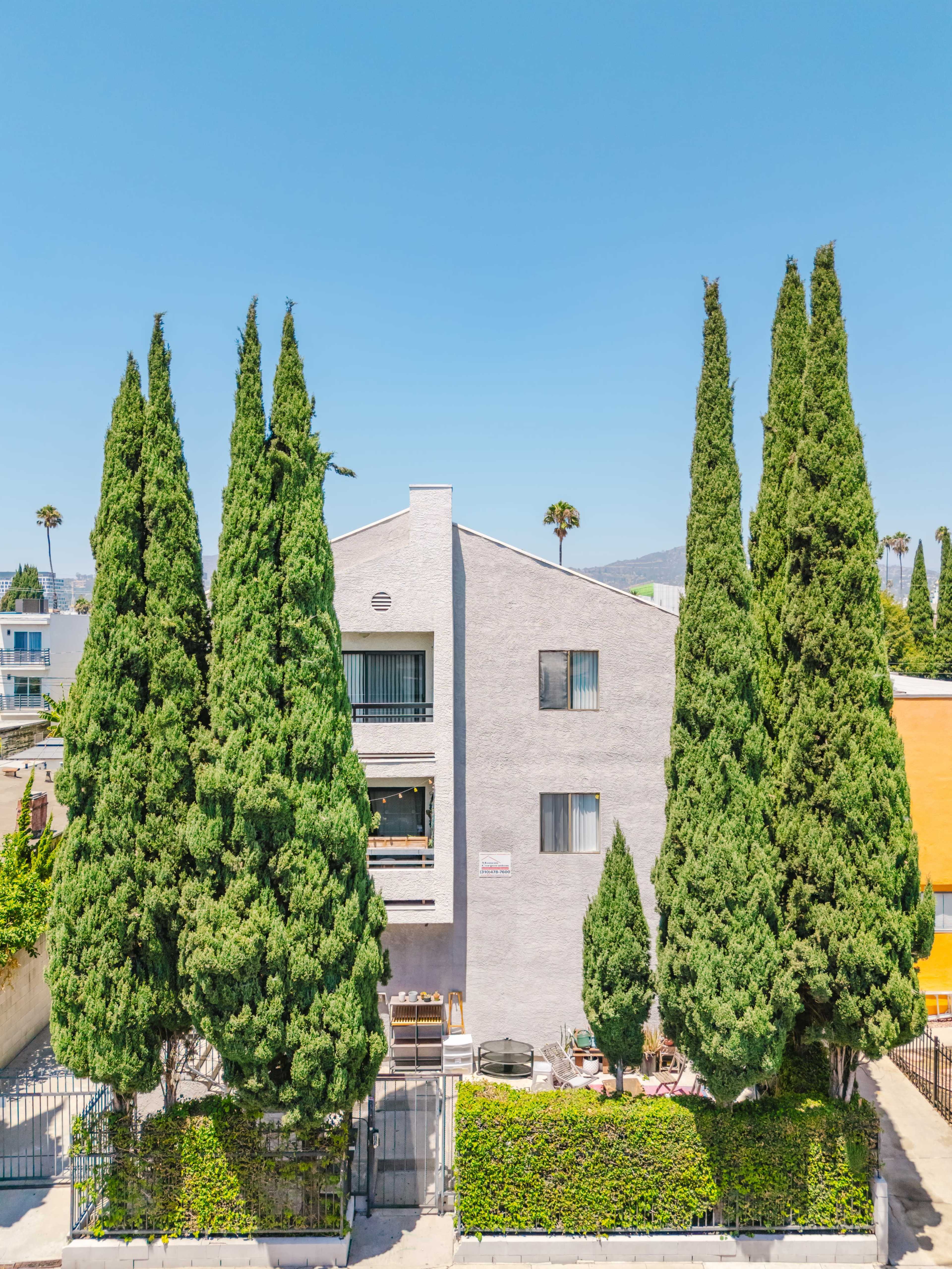 A three-story building with a light-colored exterior is flanked by tall, green cypress trees against a clear blue sky.