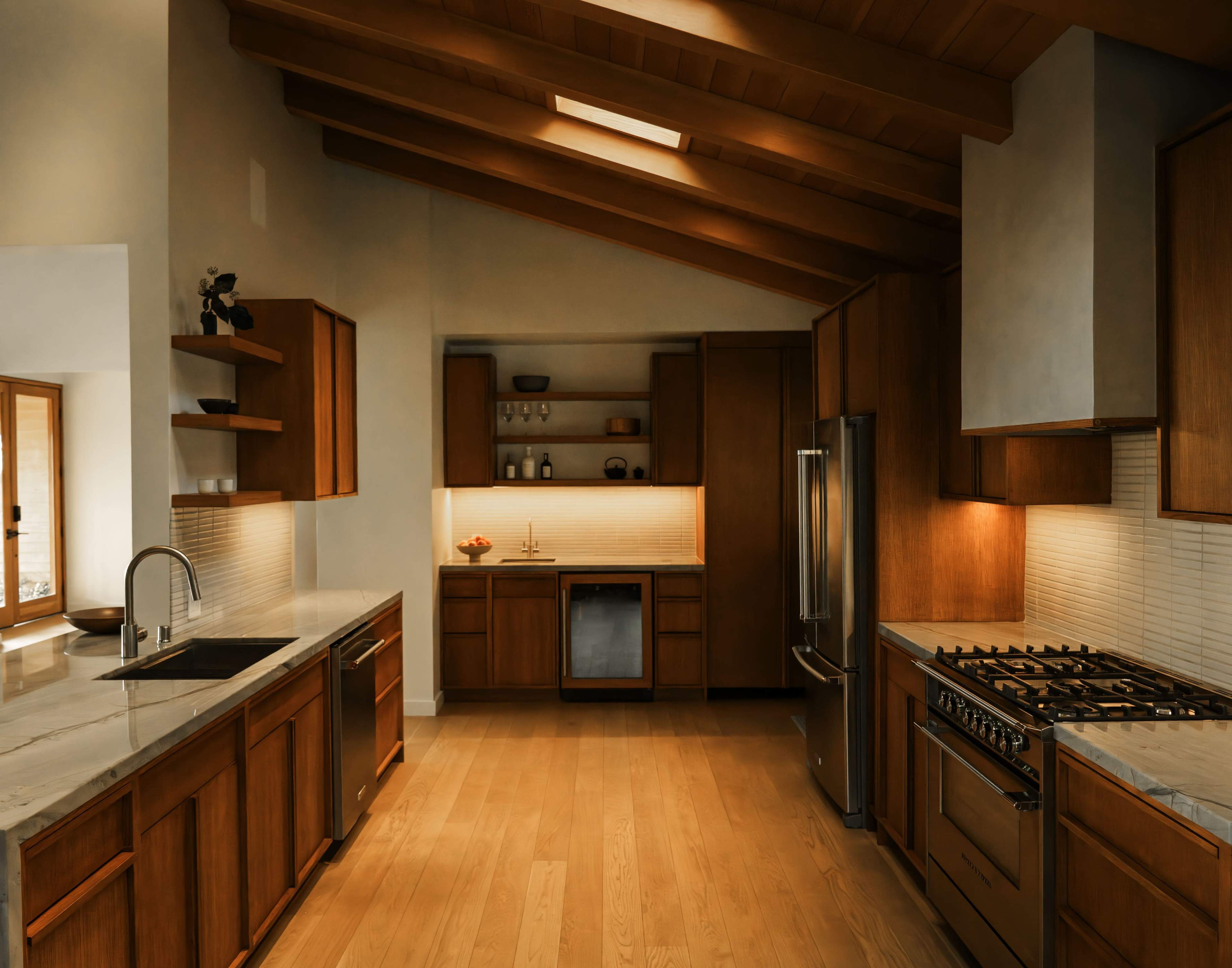 The kitchen features wooden cabinets, stainless steel appliances, and a spacious layout with high ceilings and natural lighting.