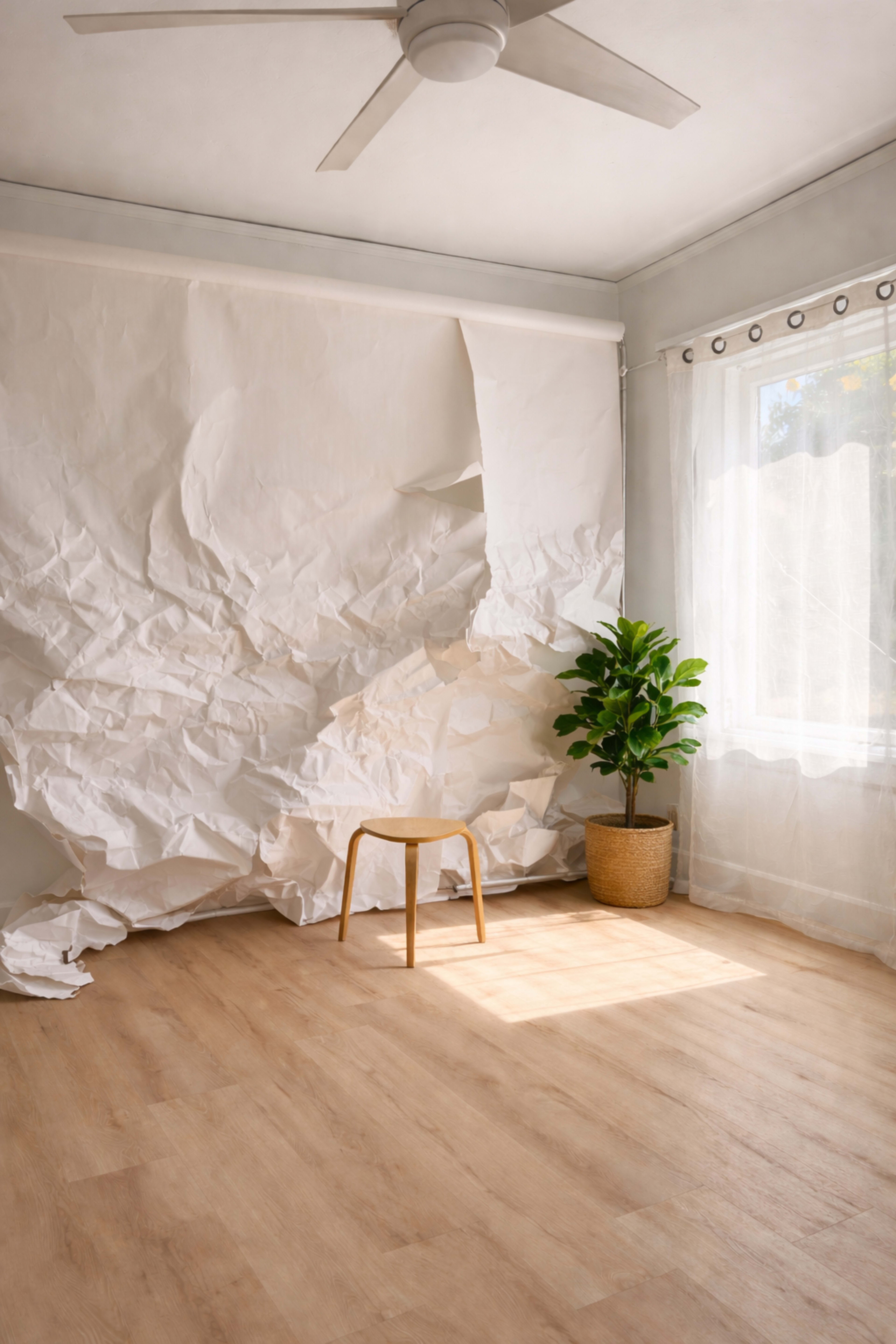A minimalist room features a crumpled paper wall, a wooden chair, and a potted plant beside a bright window.