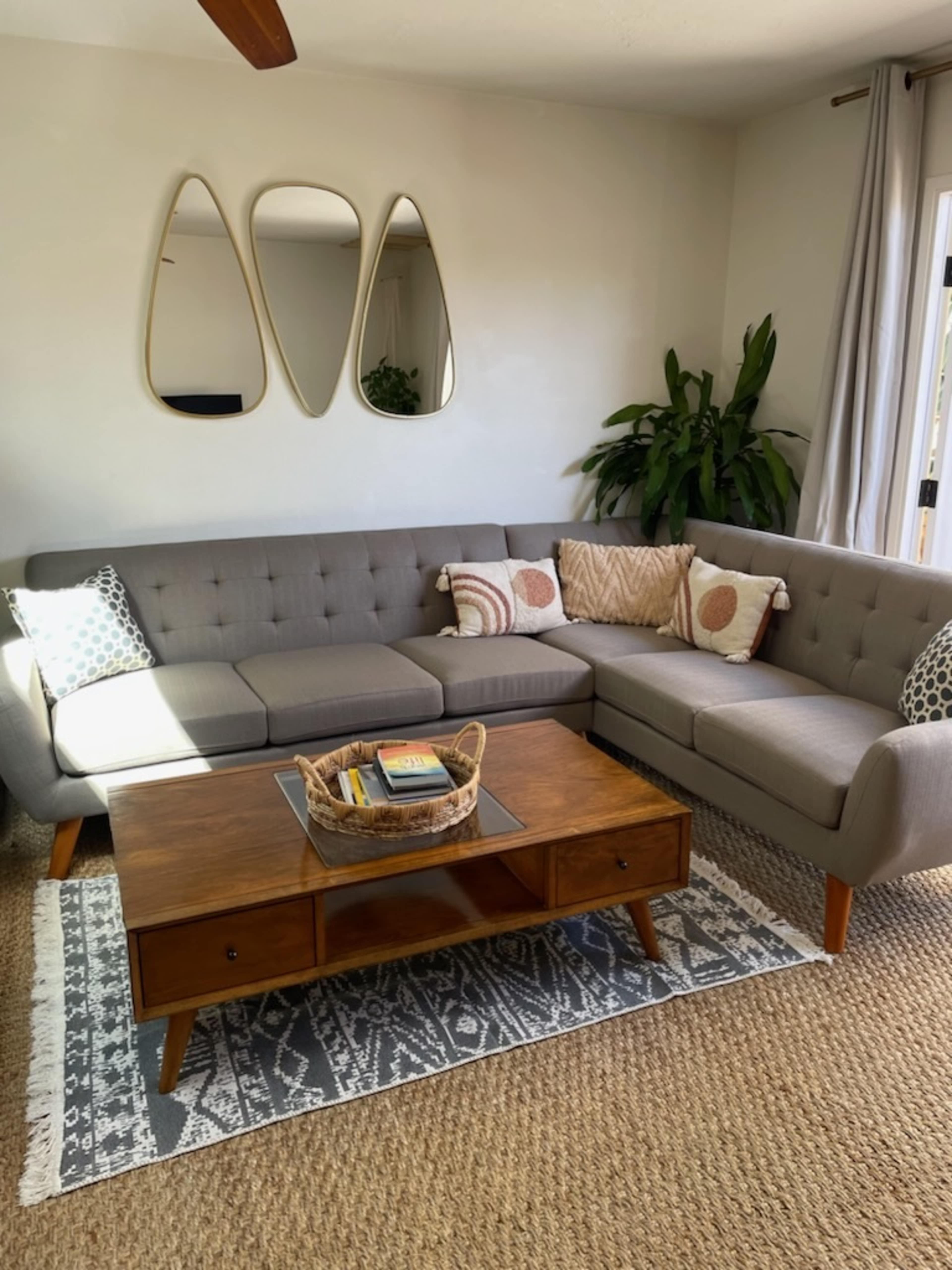 A modern living room features a gray sectional sofa, a wooden coffee table with decorative items, and a large rug complemented by a potted plant and wall mirrors.