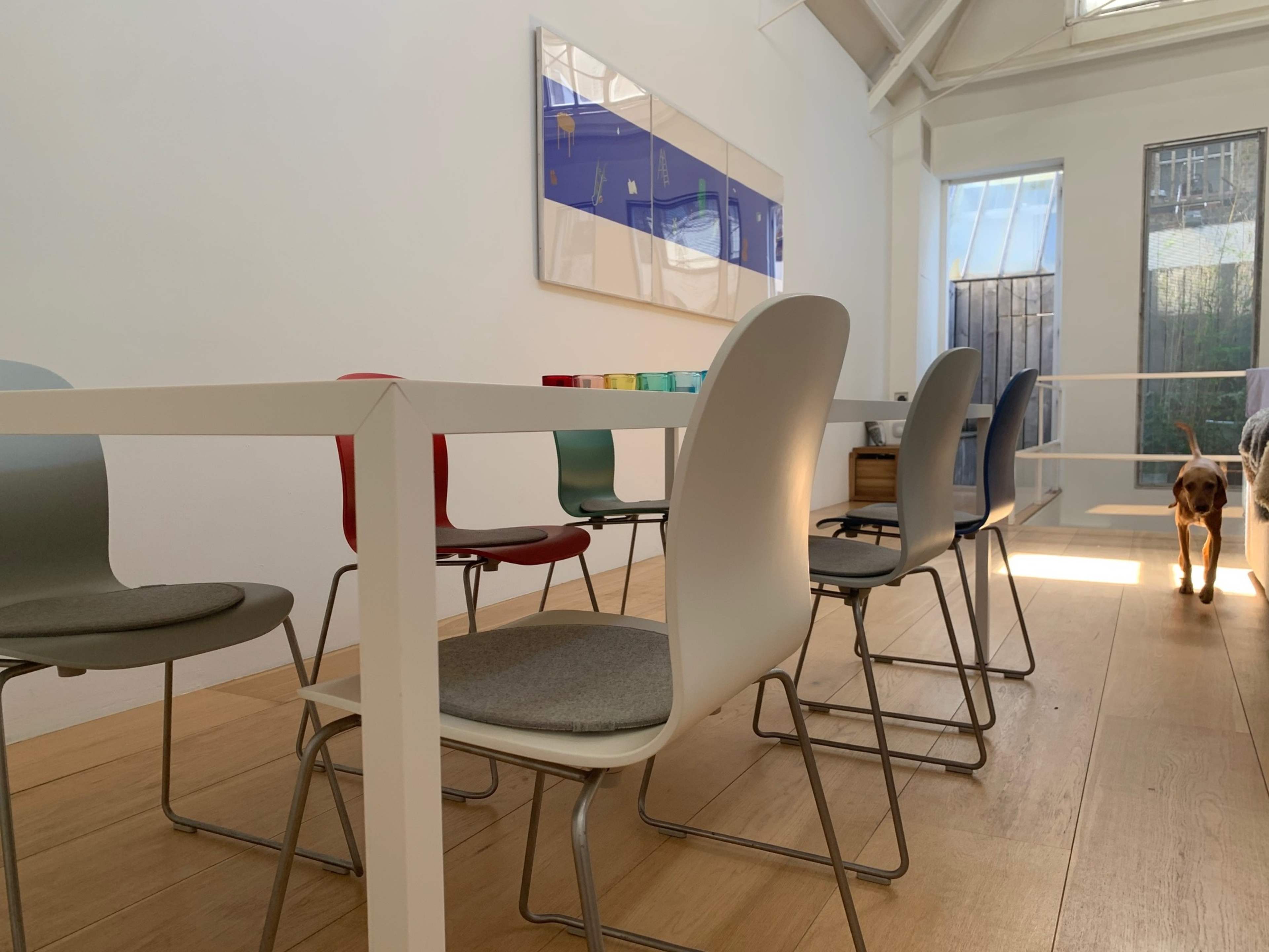 A spacious room features a long white table surrounded by colorful chairs, with a dog walking in the background.