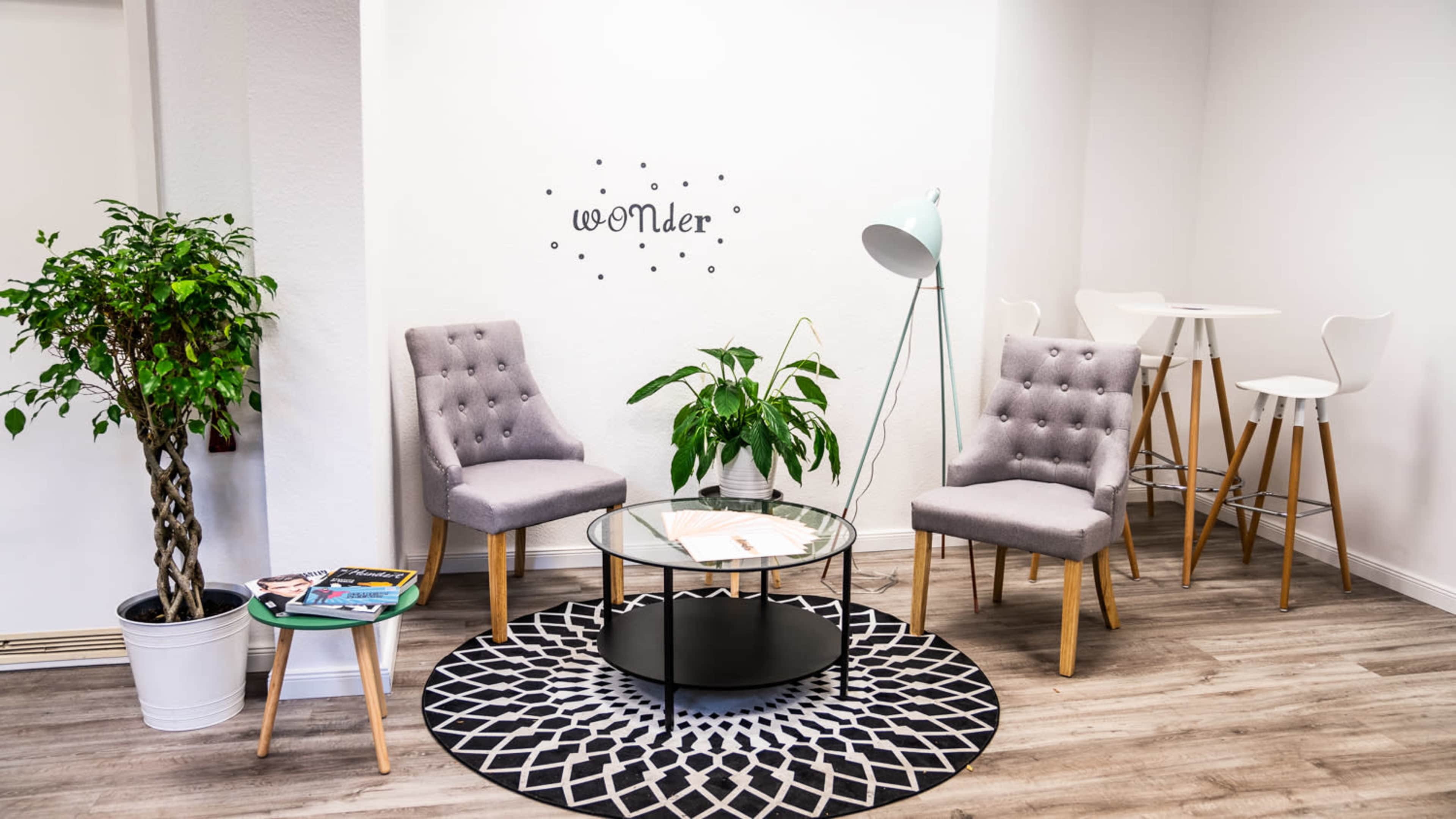 A modern waiting area with two gray chairs, a glass coffee table, a plant, and a patterned rug on a wooden floor.