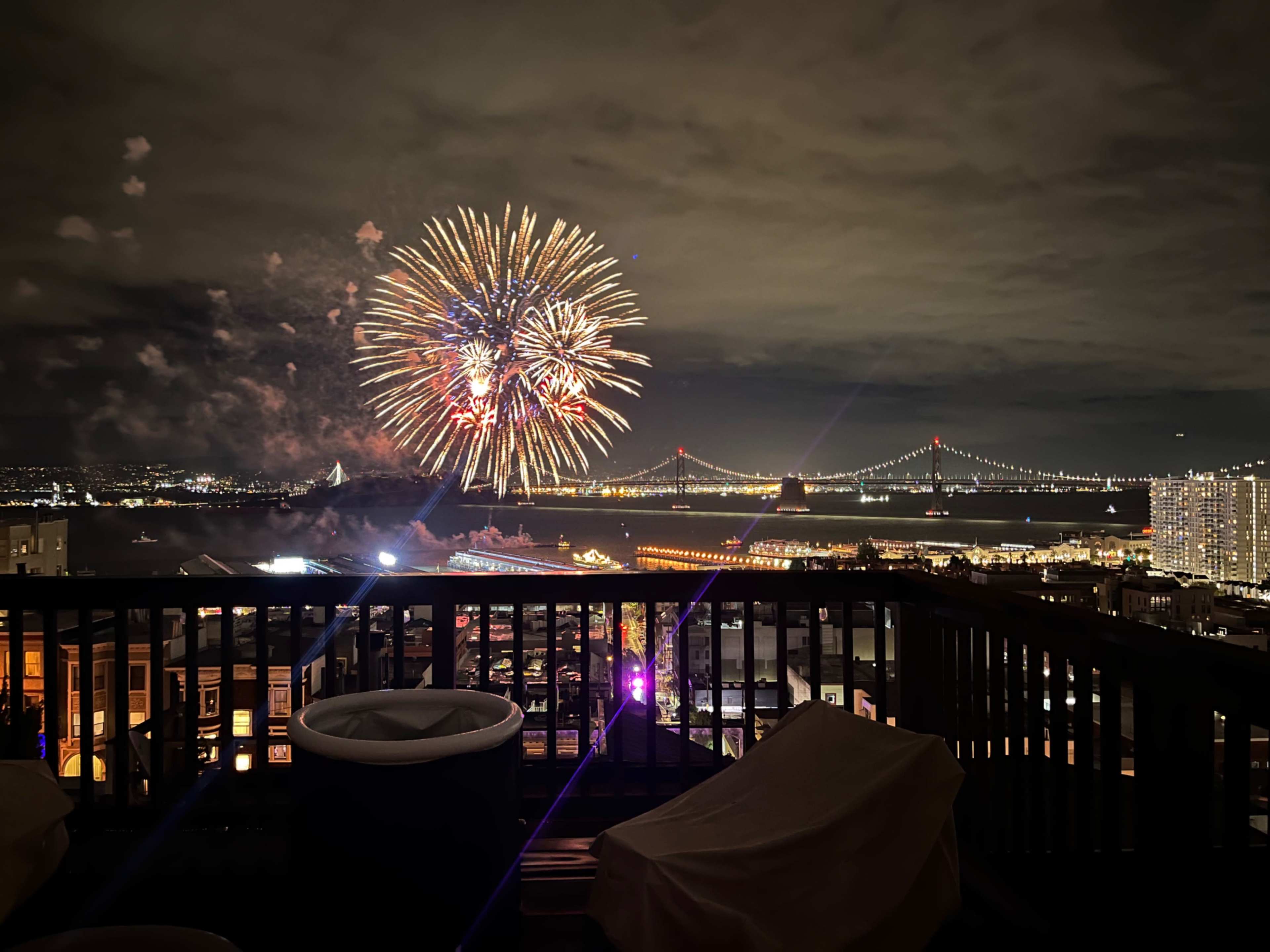 A colorful fireworks display illuminates the night sky above a city skyline and bridge.