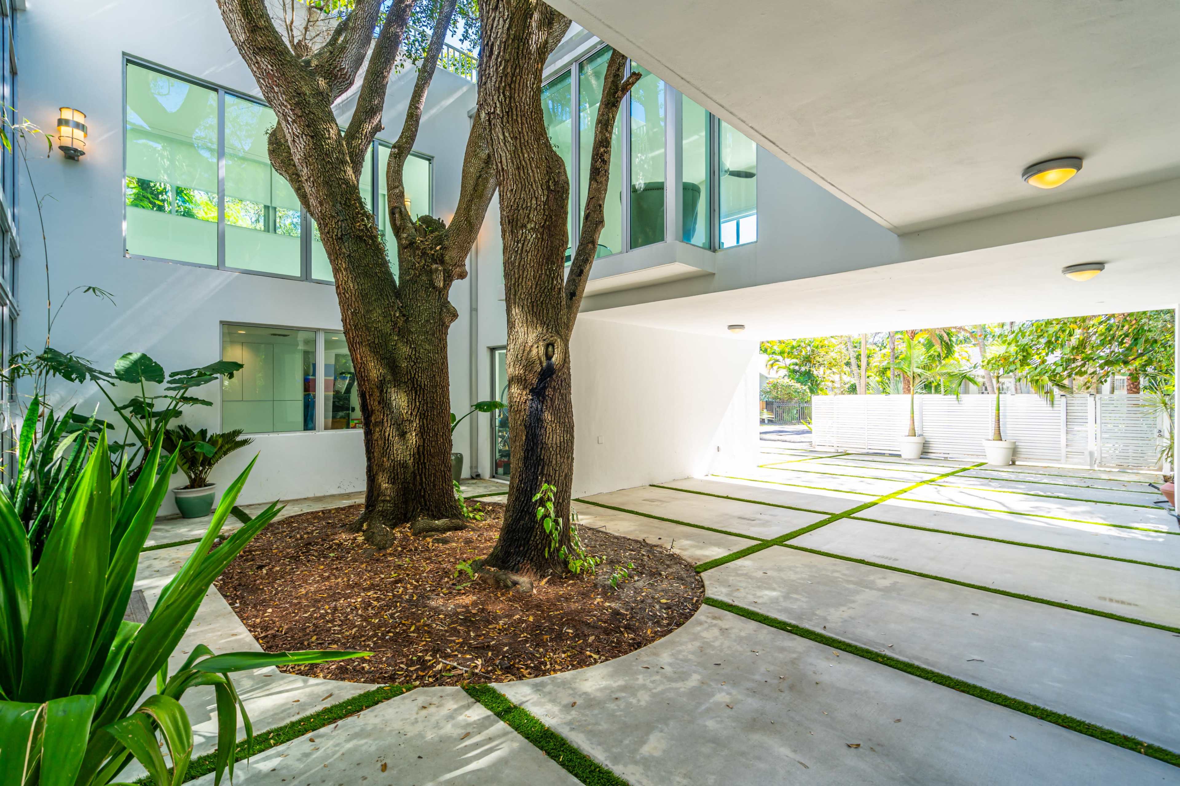 A modern architectural space featuring two large trees surrounded by a gravel area and greenery, with a contemporary building in the background.