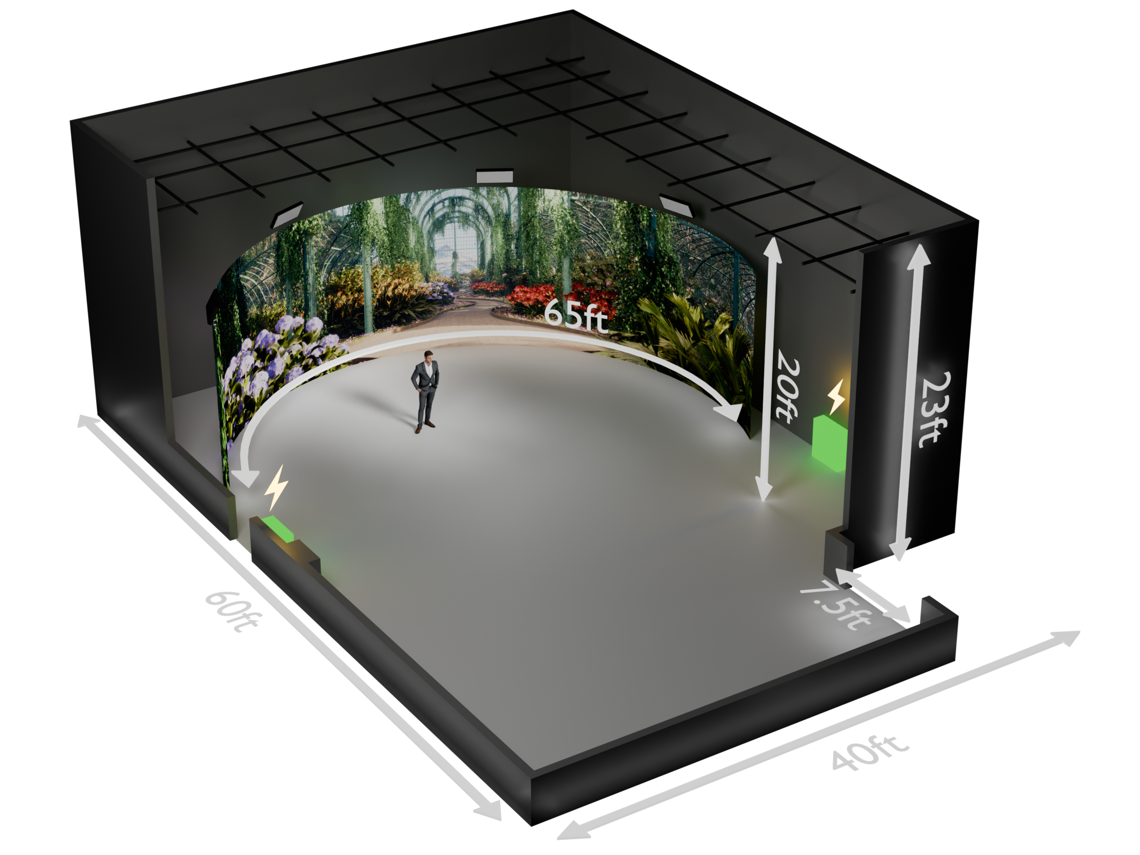 The image shows a 3D architectural rendering of a large, curved exhibition space featuring a person standing in the center, with dimensions labeled as 60 feet by 40 feet and a height of 23 feet.