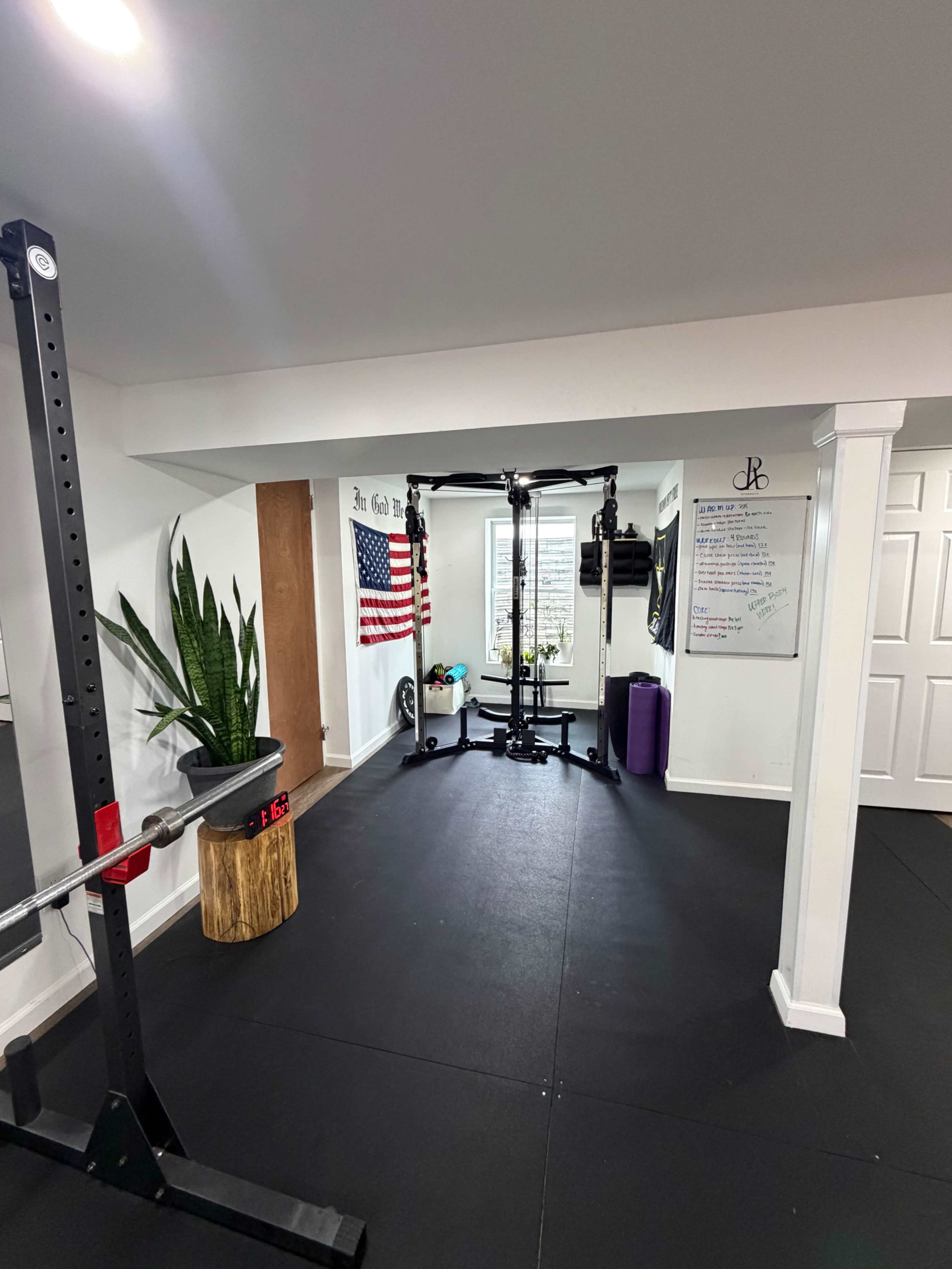 The image depicts a home gym featuring a squat rack on the left, a cable machine in the center, and a potted plant next to an American flag on the wall.