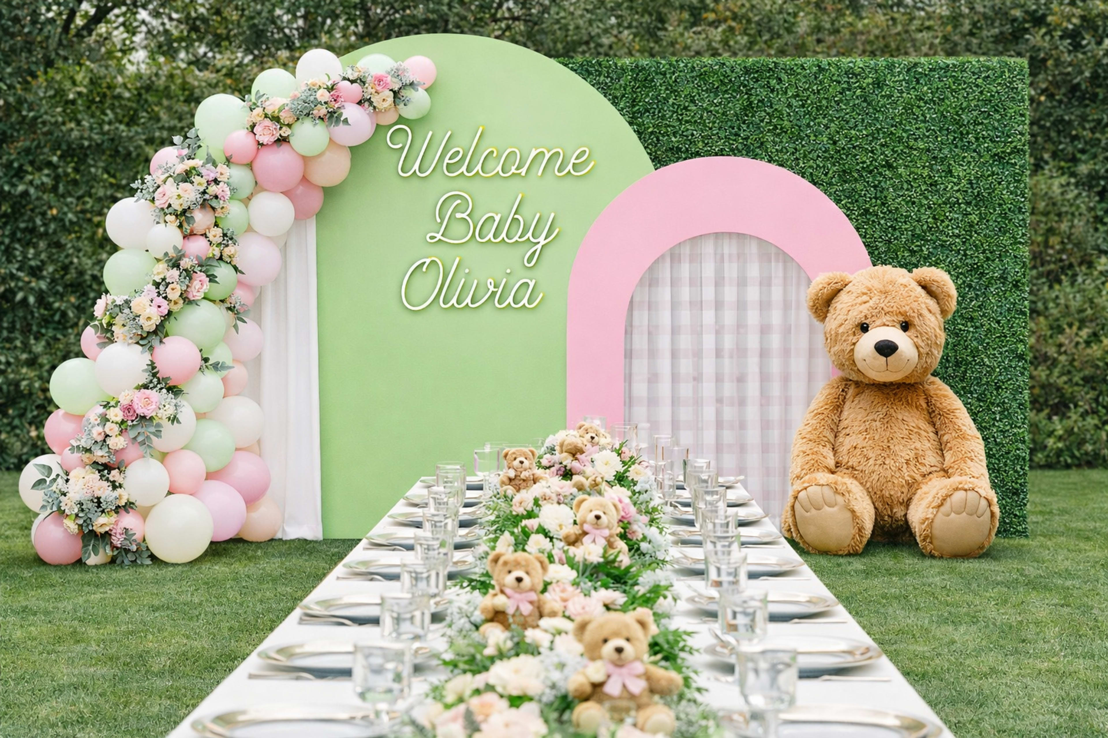The image shows a baby shower setup with a long table adorned with floral centerpieces and a large teddy bear next to a green and pink decorative backdrop that reads "Welcome Baby Olivia."
