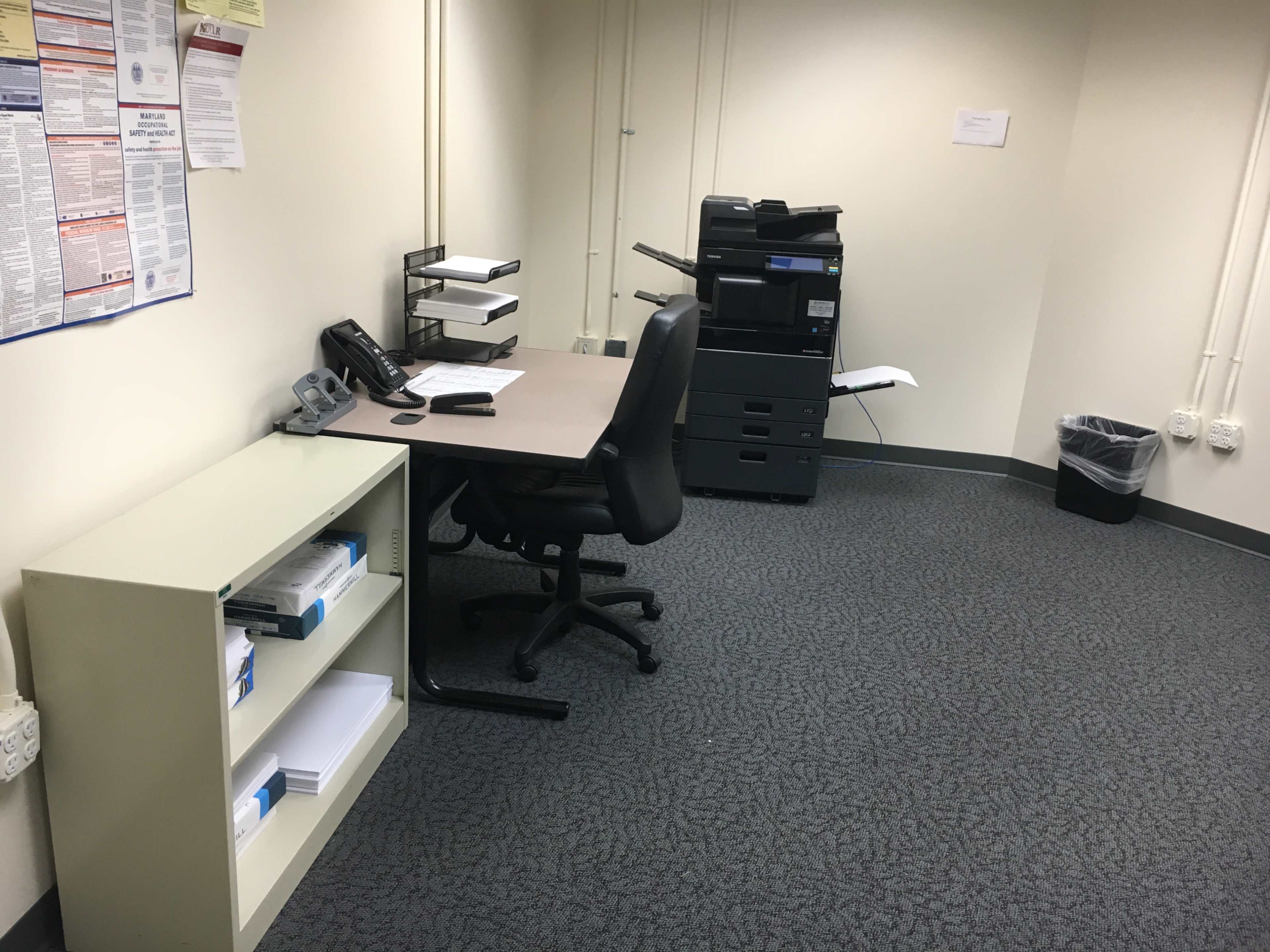 A sparsely furnished office with a desk, chair, printer, and storage shelf against the wall.