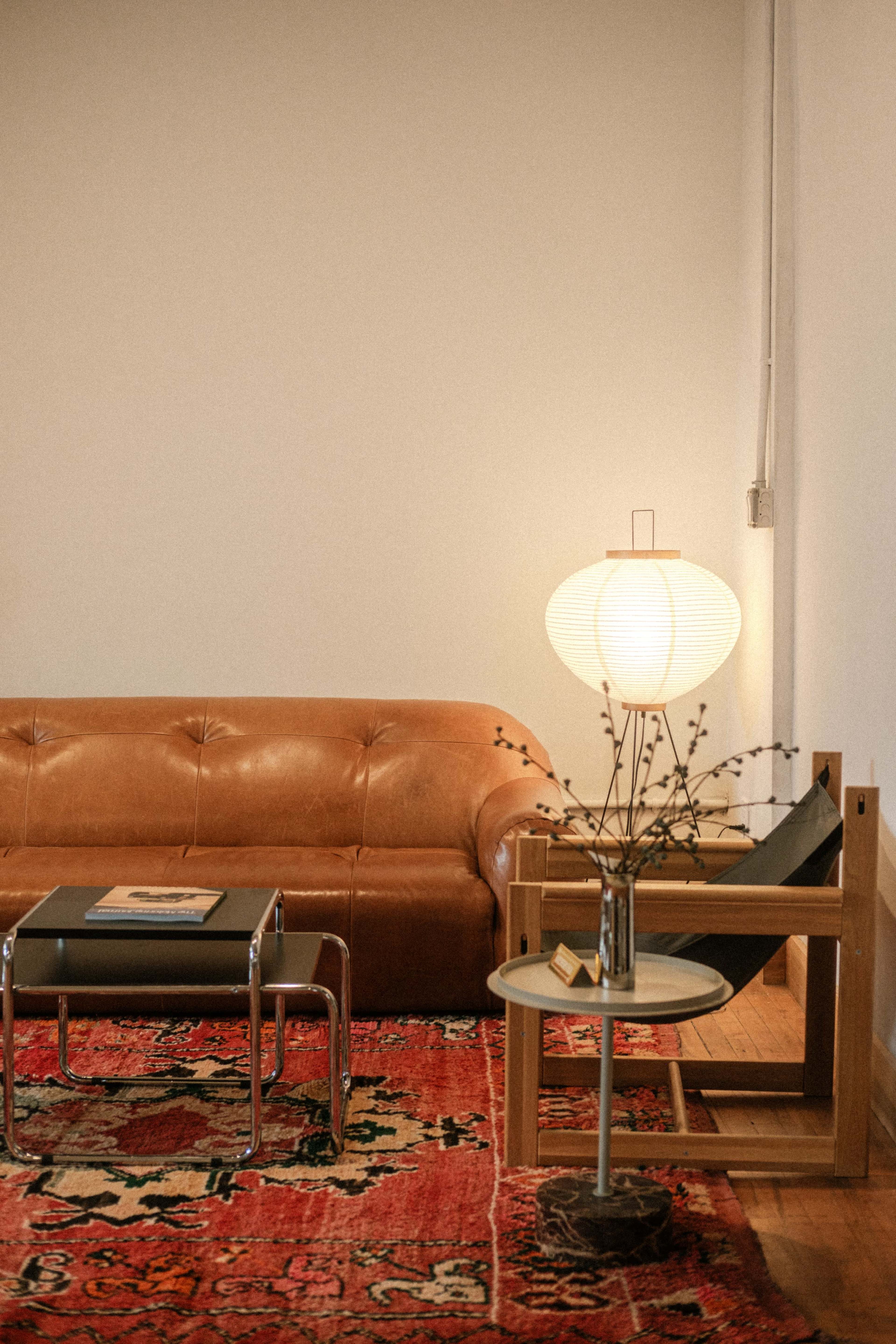 The image shows a stylish living room featuring a brown leather sofa, a coffee table, a floor lamp, and a decorative plant on a side table, all set on a patterned rug.