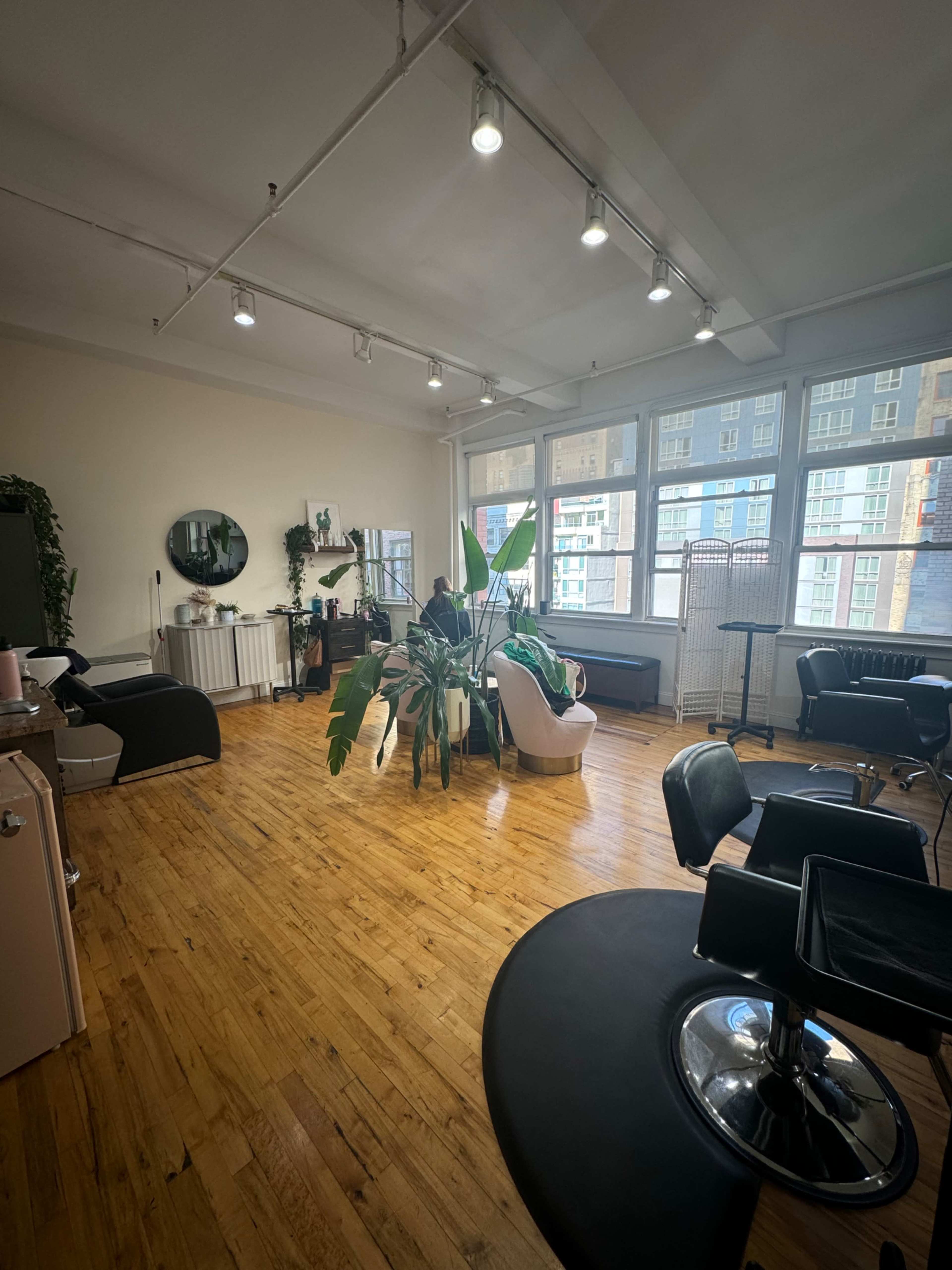 The image shows a spacious, well-lit salon with wooden floors, potted plants, and salon chairs arranged around the room.