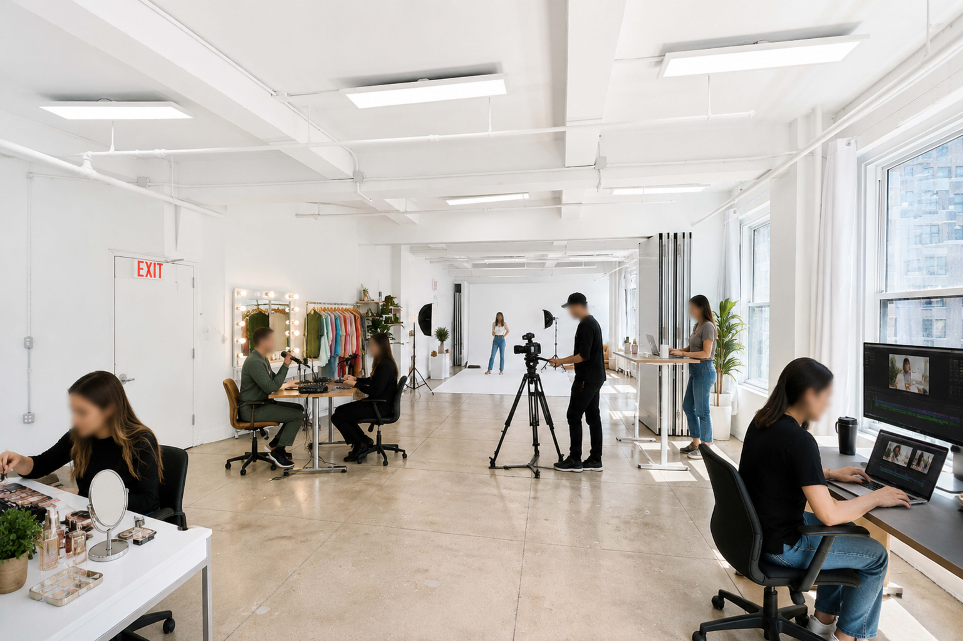 A spacious studio features several workstations, a camera setup, and multiple individuals engaged in various activities related to content creation and editing.