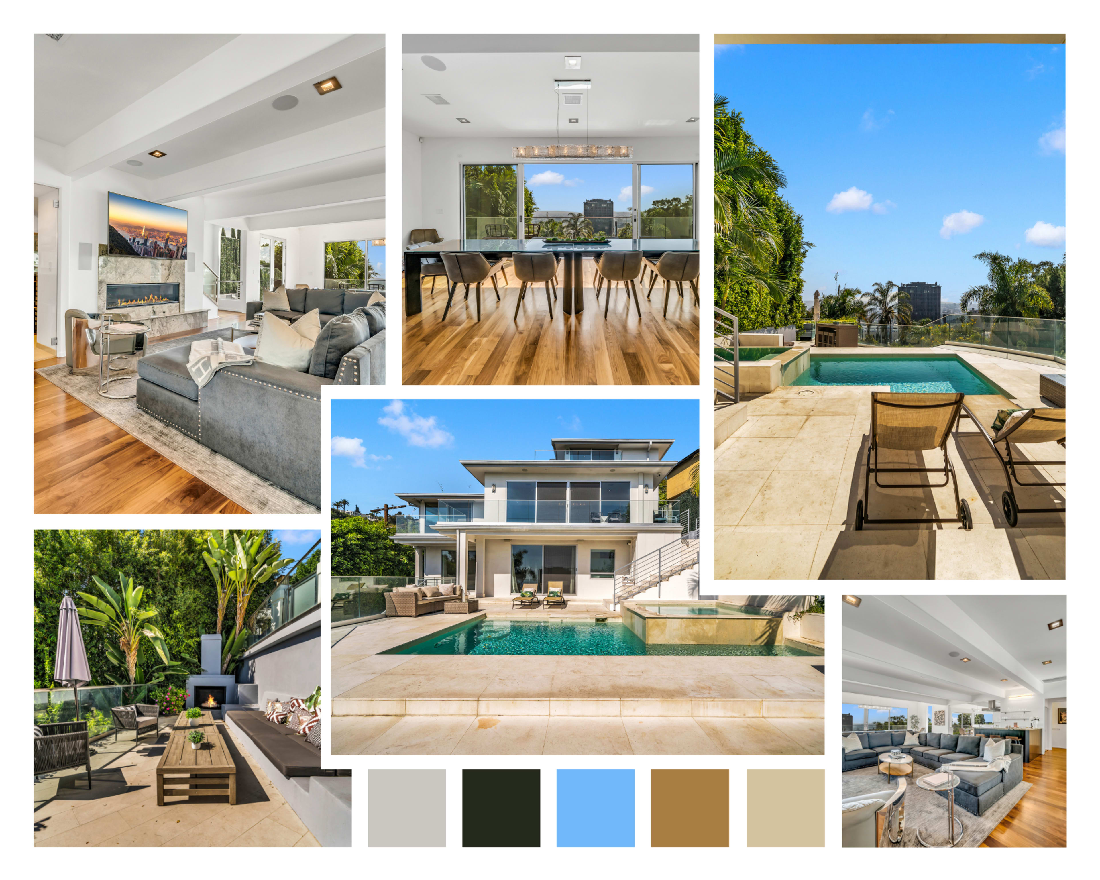 A modern home with a swimming pool, a spacious living area, and outdoor seating surrounded by greenery.