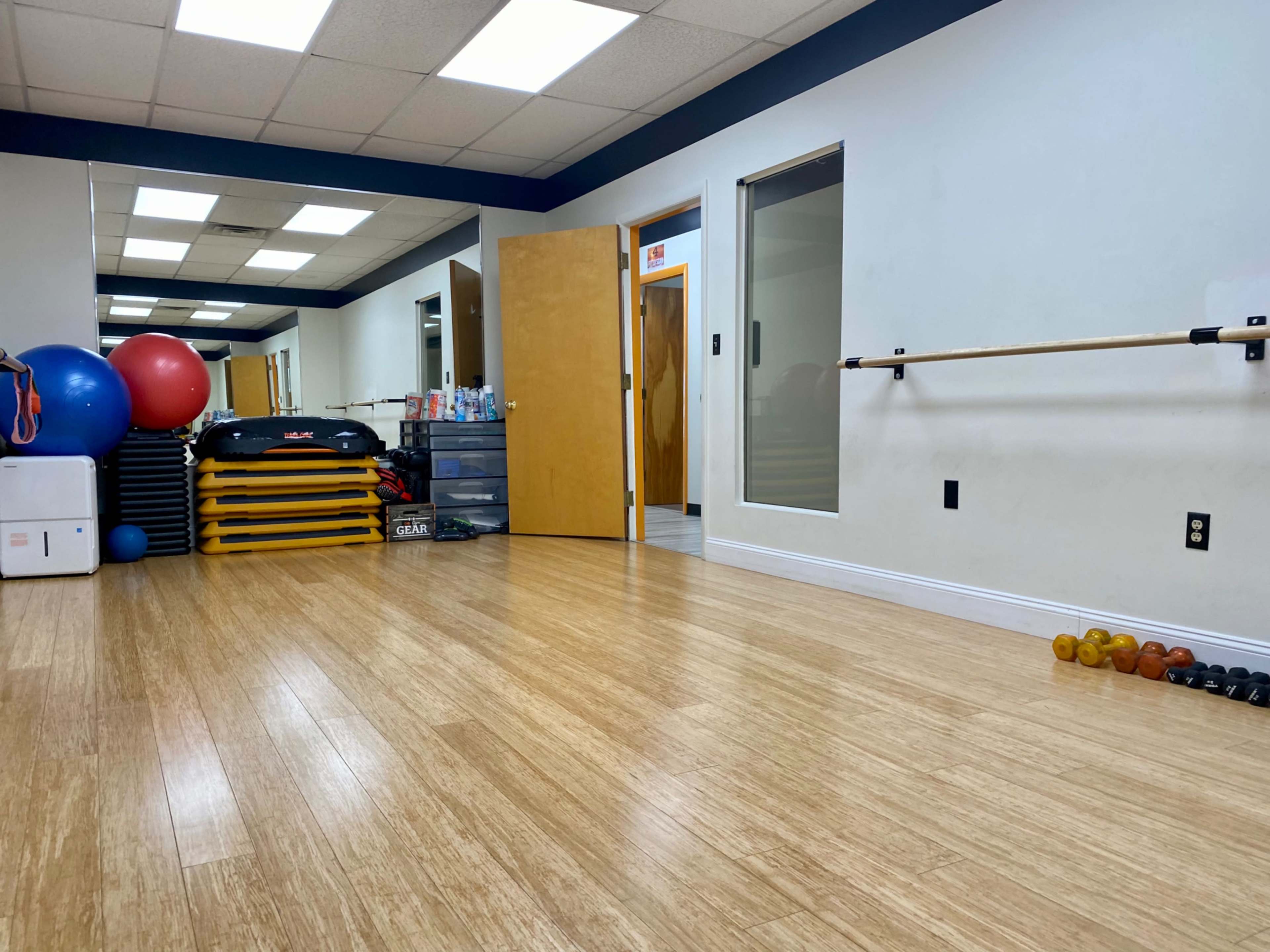 A spacious exercise studio with wooden flooring, featuring exercise equipment like stability balls, weights, and a ballet barre along the mirrored wall.