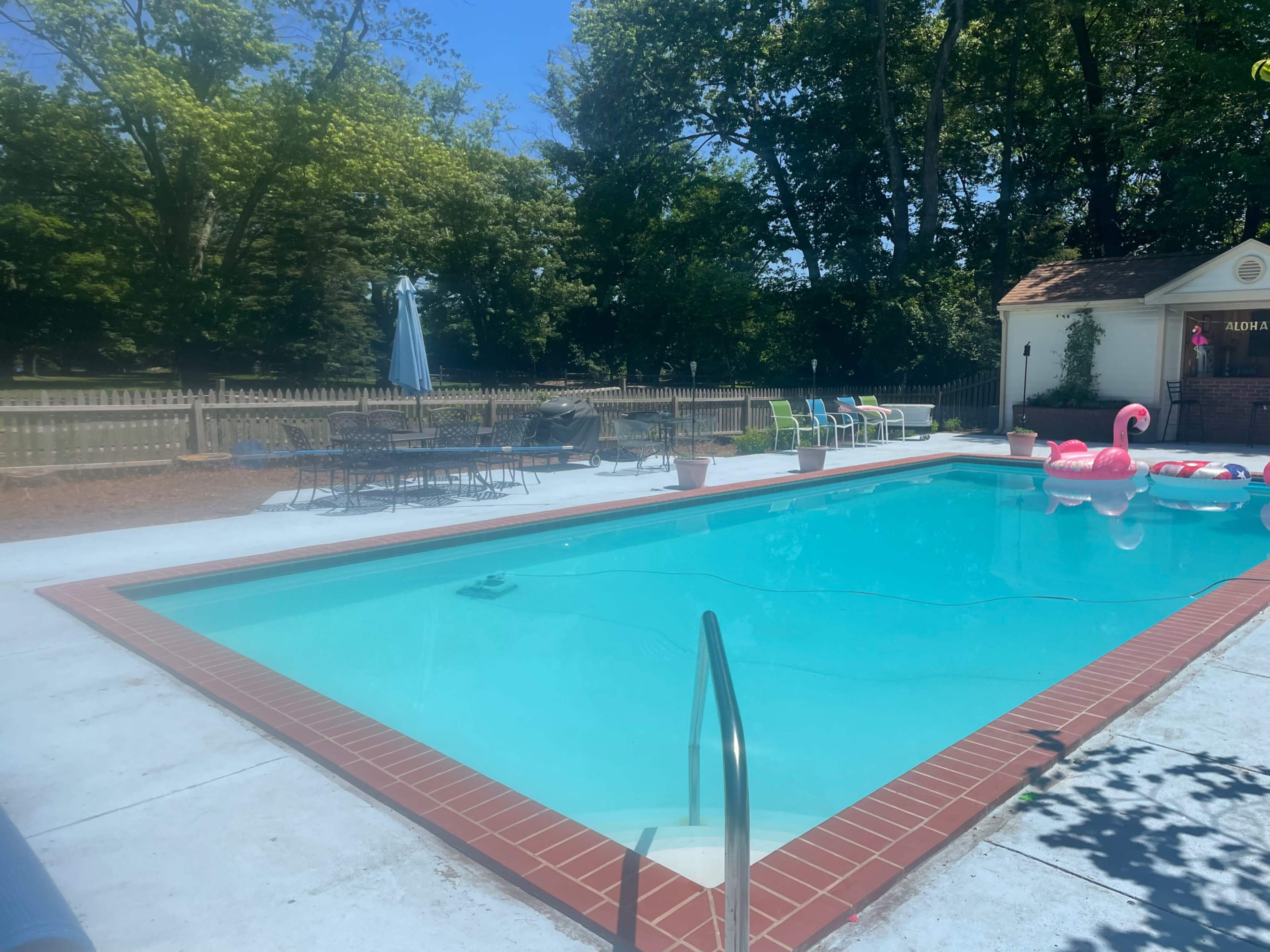 A clear swimming pool surrounded by deck chairs and a parasol, with a pink flamingo float in the water, is situated in a wooded backyard area.