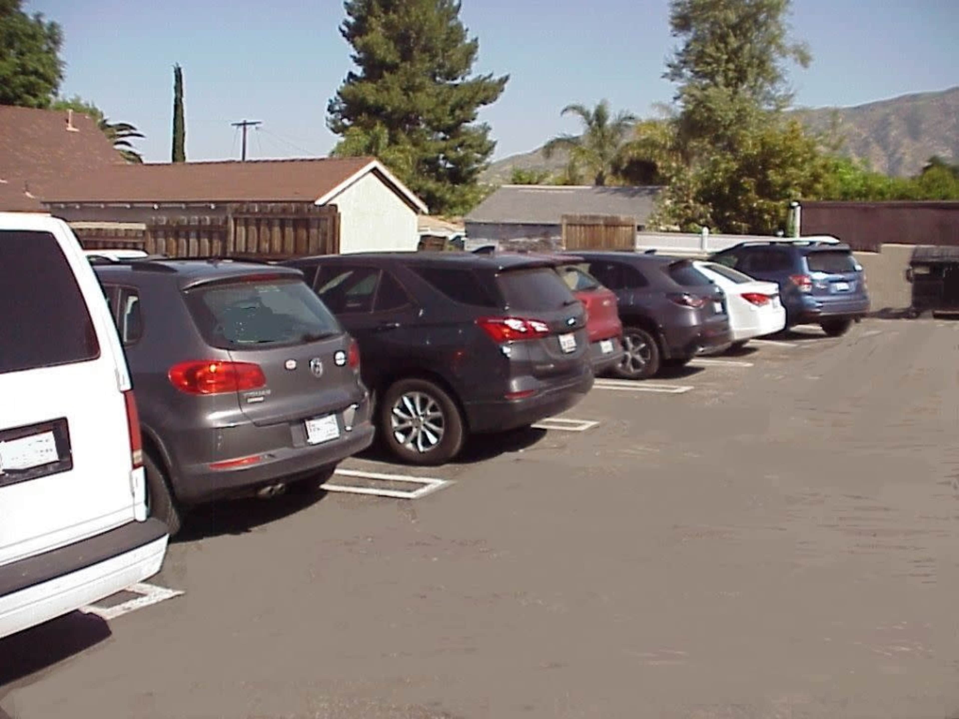 The image shows a row of parked vehicles in a parking lot with trees and buildings in the background.