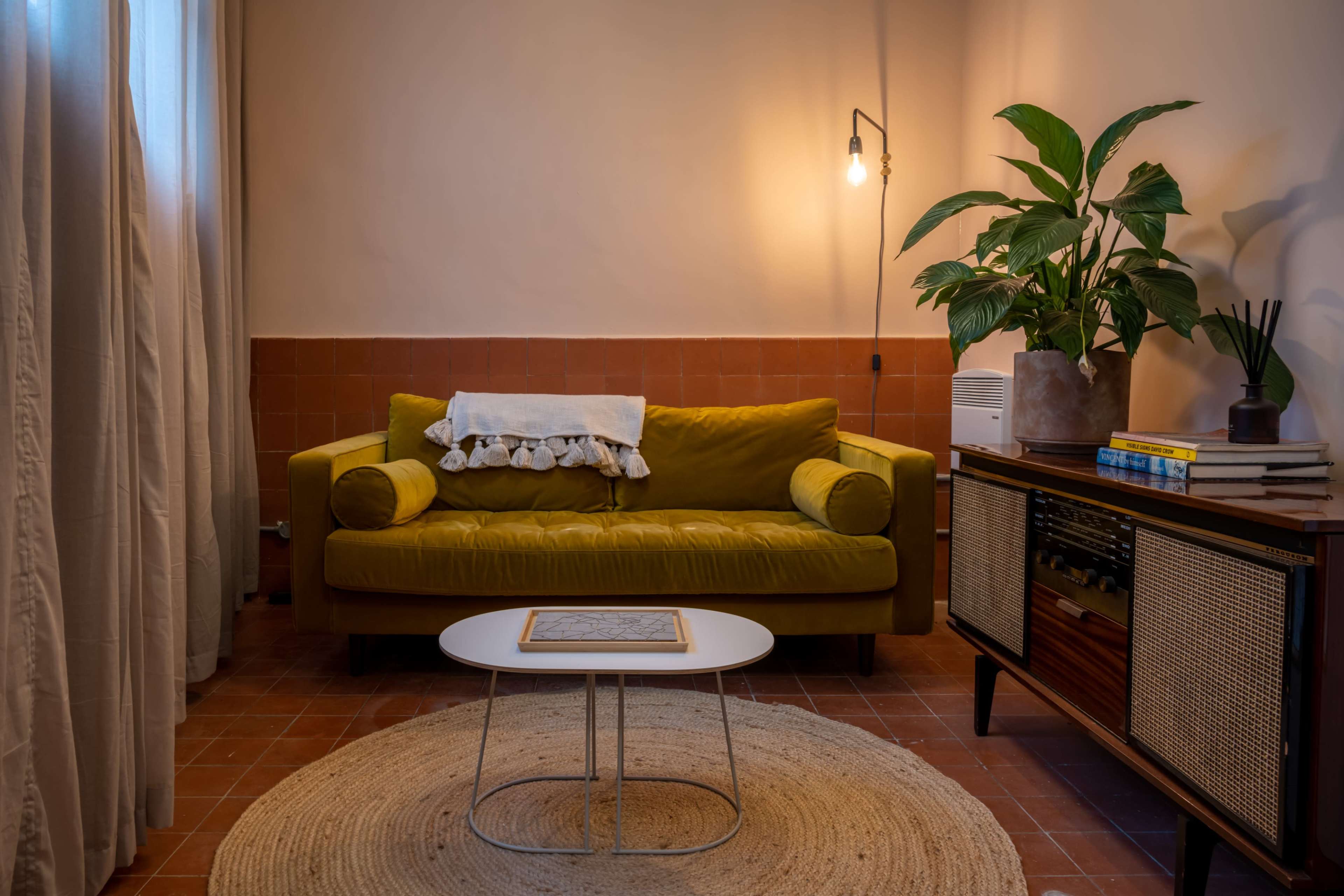 A green sofa with a throw blanket sits in a cozy room next to a potted plant and a wooden side table on a circular rug.