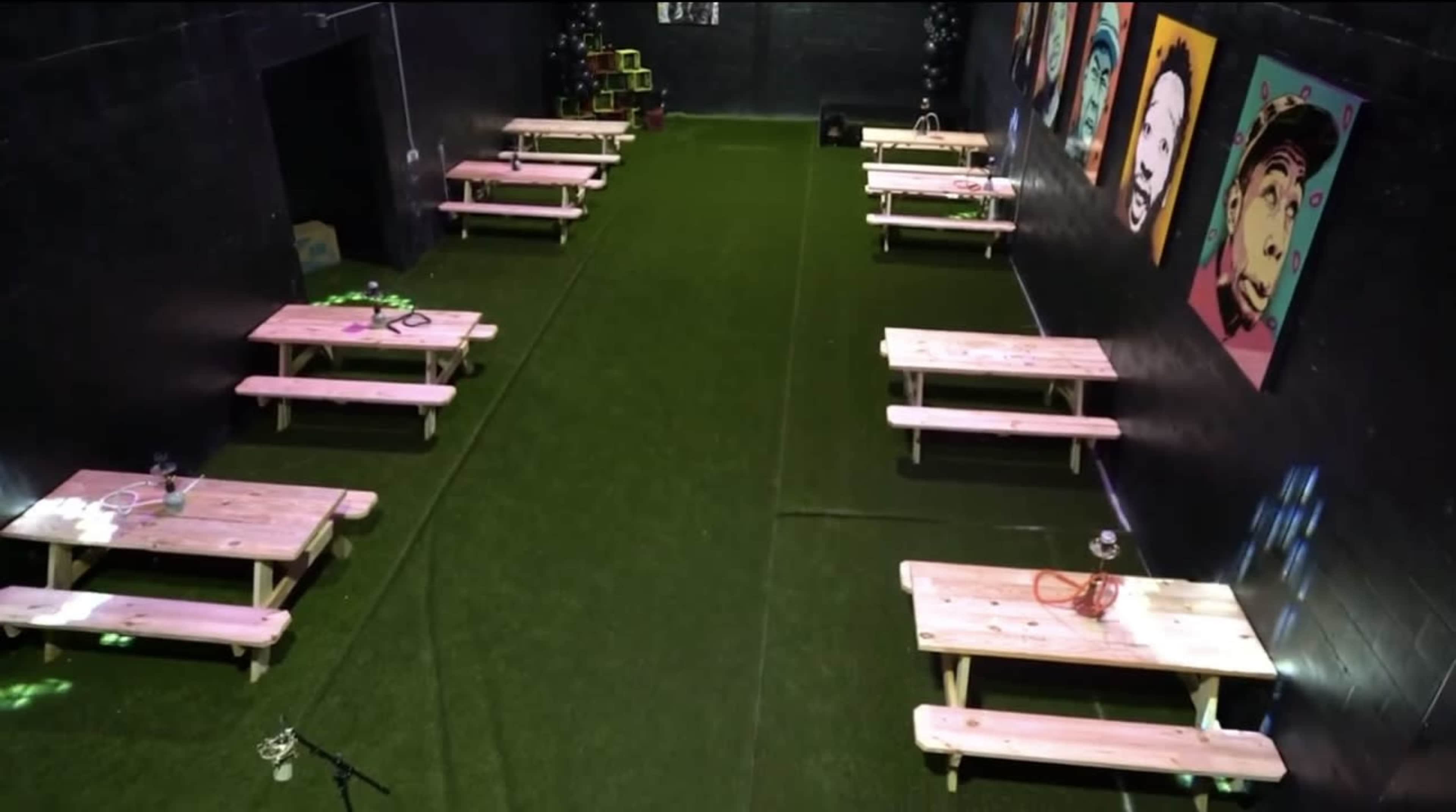 The image shows a spacious indoor area with artificial turf, featuring several wooden picnic tables arranged in rows along the walls, which are adorned with colorful artwork.