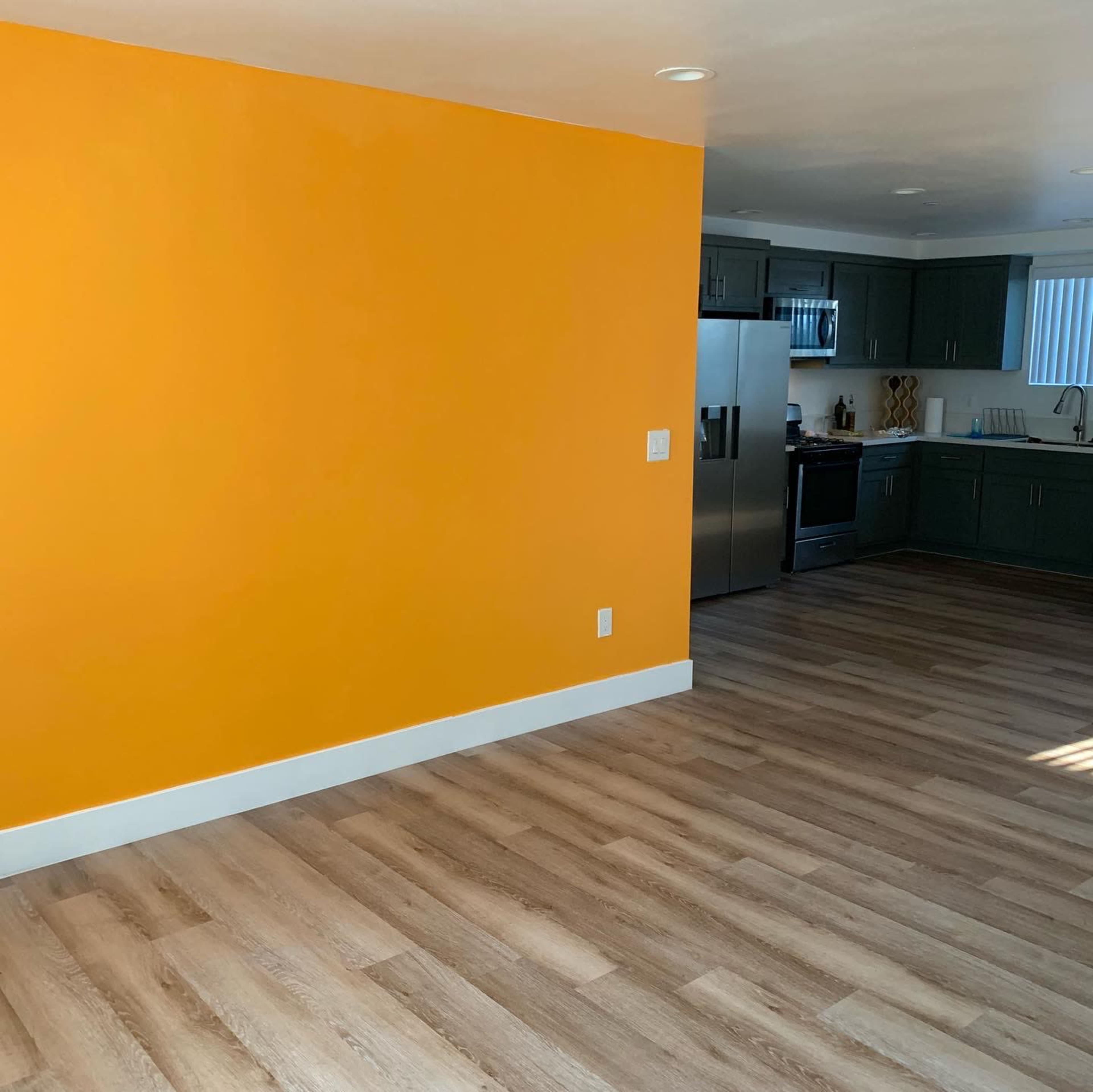 A kitchen area featuring an orange accent wall, dark green cabinetry, stainless steel appliances, and light-colored wooden flooring.