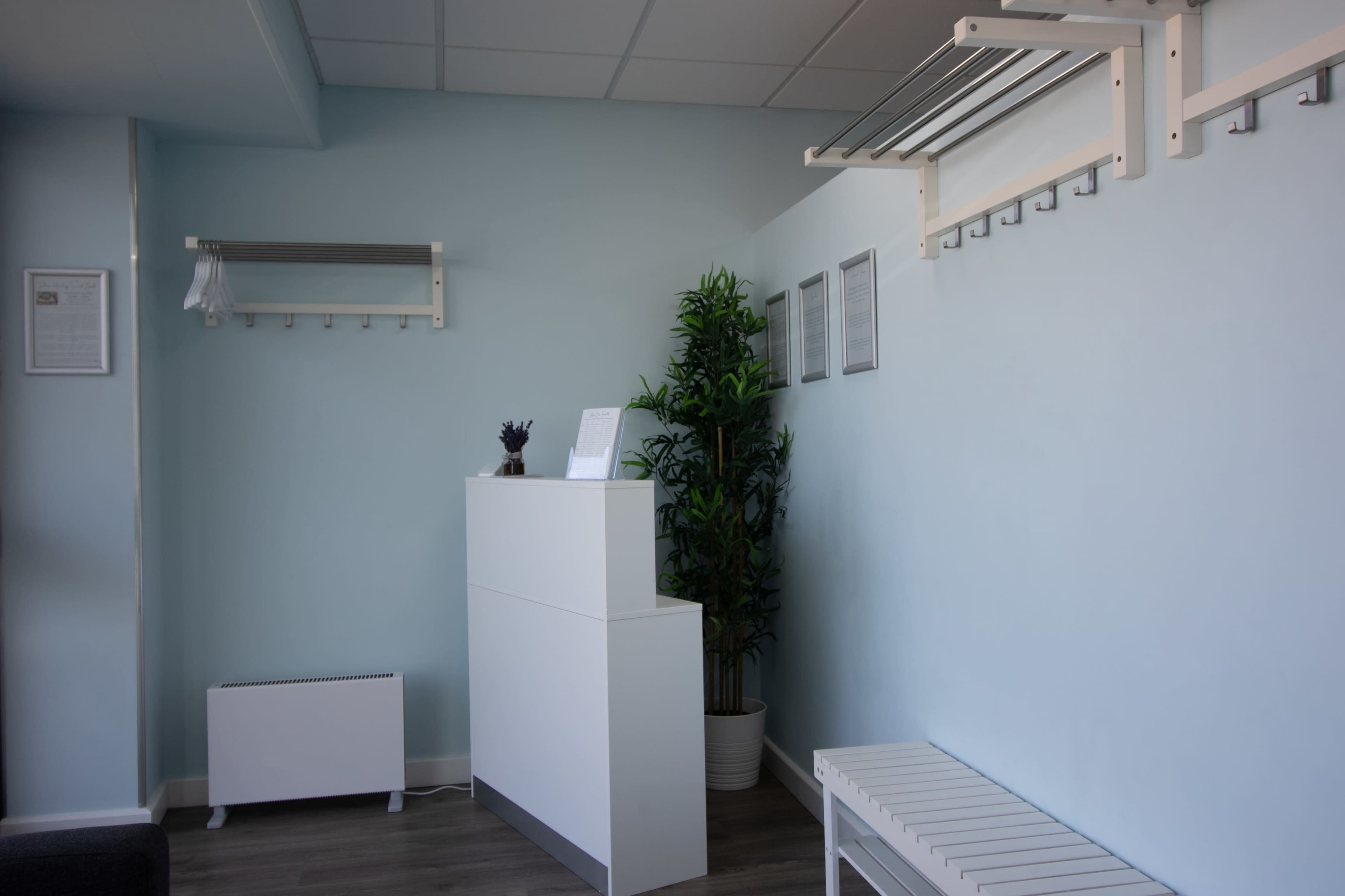 A minimalist reception area with light blue walls, a white counter, a plant, and a bench.
