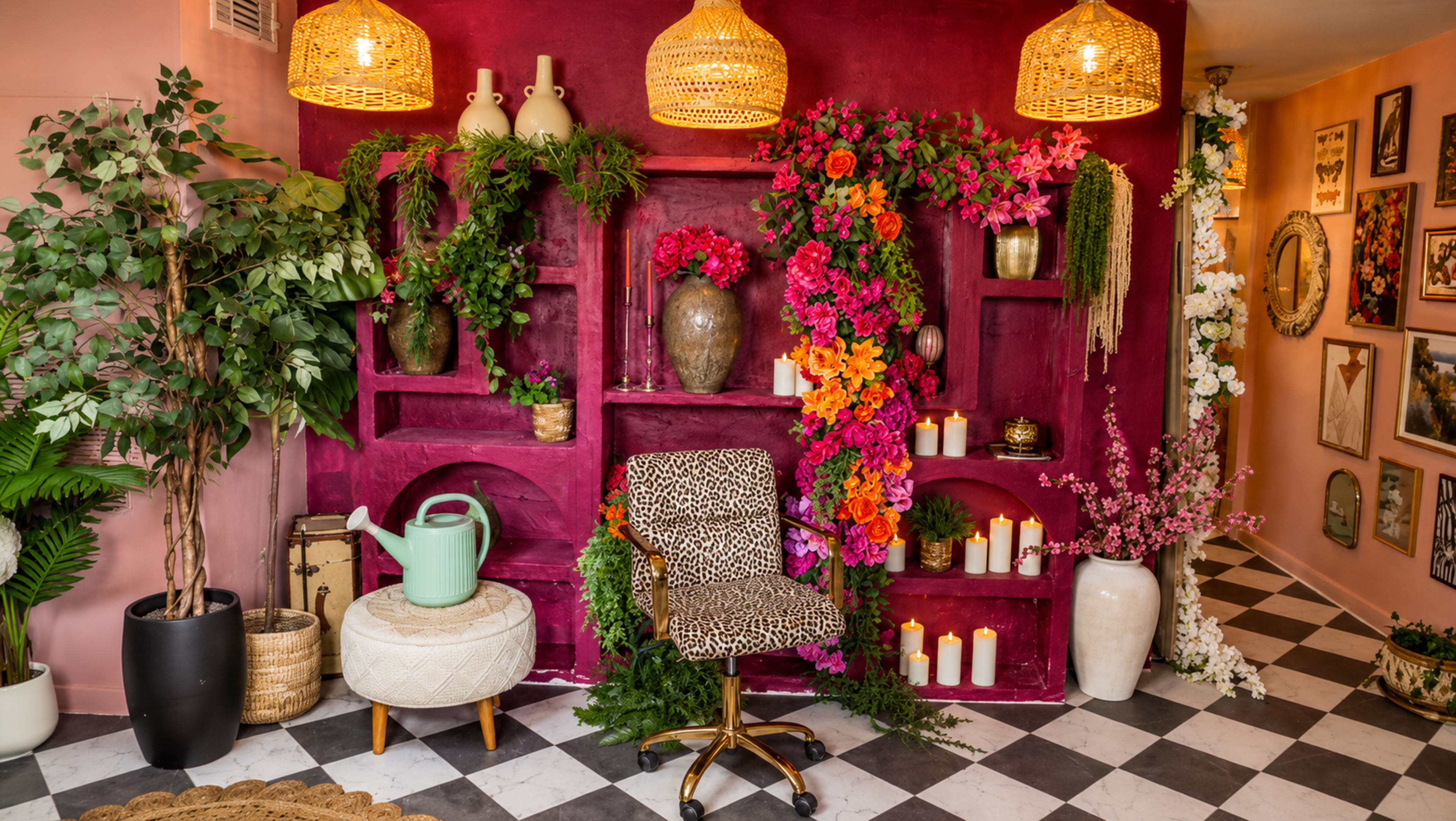 The image shows a vibrant interior scene with a pink wall featuring open shelves adorned with flowers, plants, and decorative items, alongside a leopard-print chair and various candles.