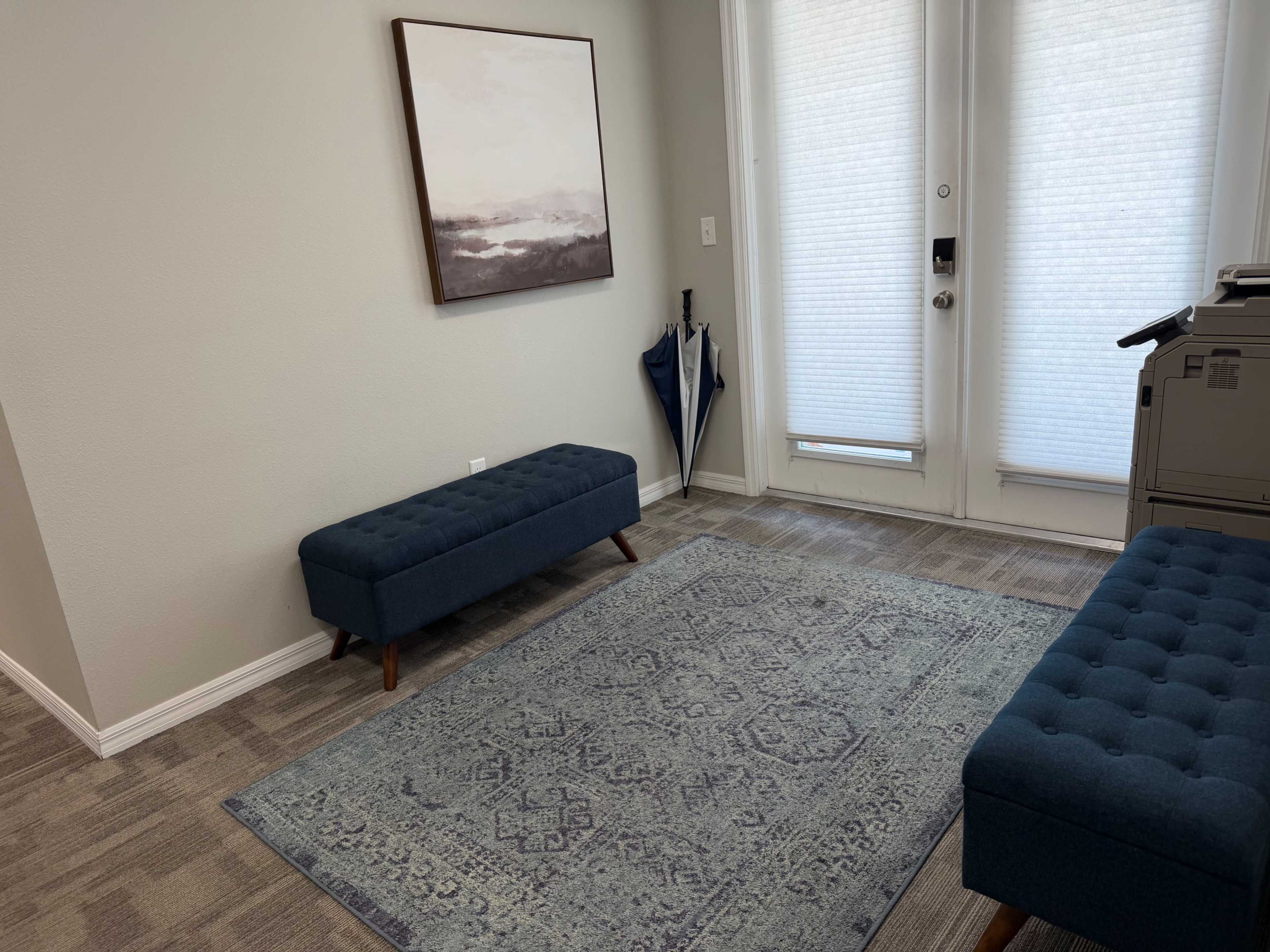 The image shows a modern waiting area with two blue tufted benches, a patterned rug, and a door leading outside partially covered by sheer blinds.