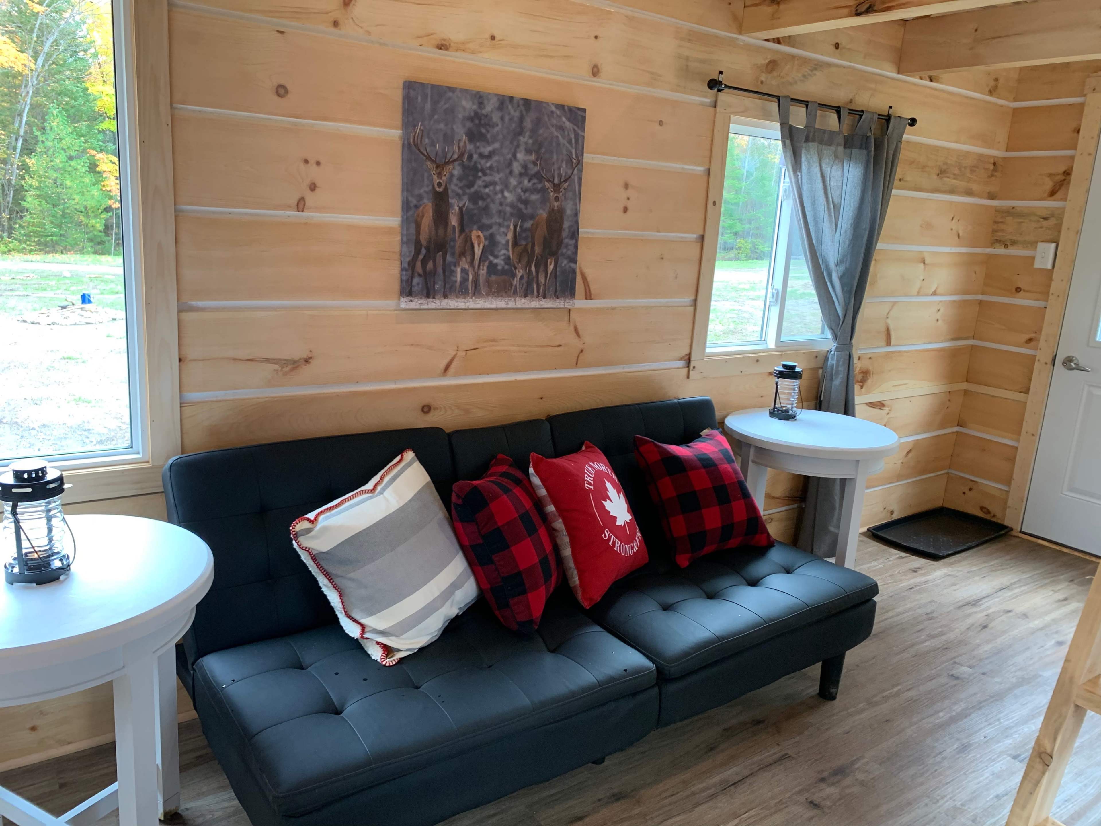 The image shows a cozy interior of a small cabin with a black futon, red and black plaid pillows, and a nature-themed painting on the wall.