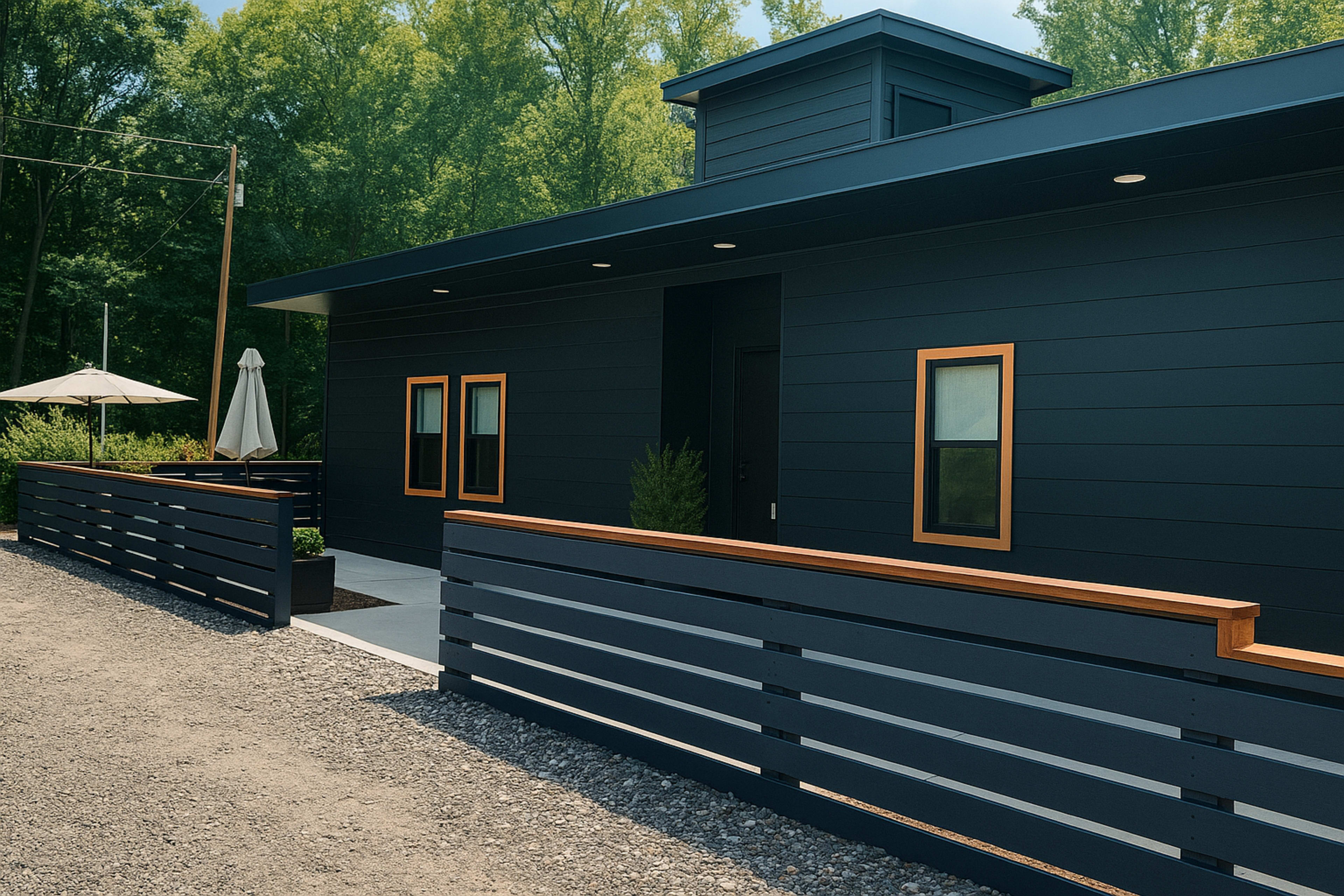The image shows a modern black house with wooden accents and a landscaped area, featuring a gravel pathway and patio in front.