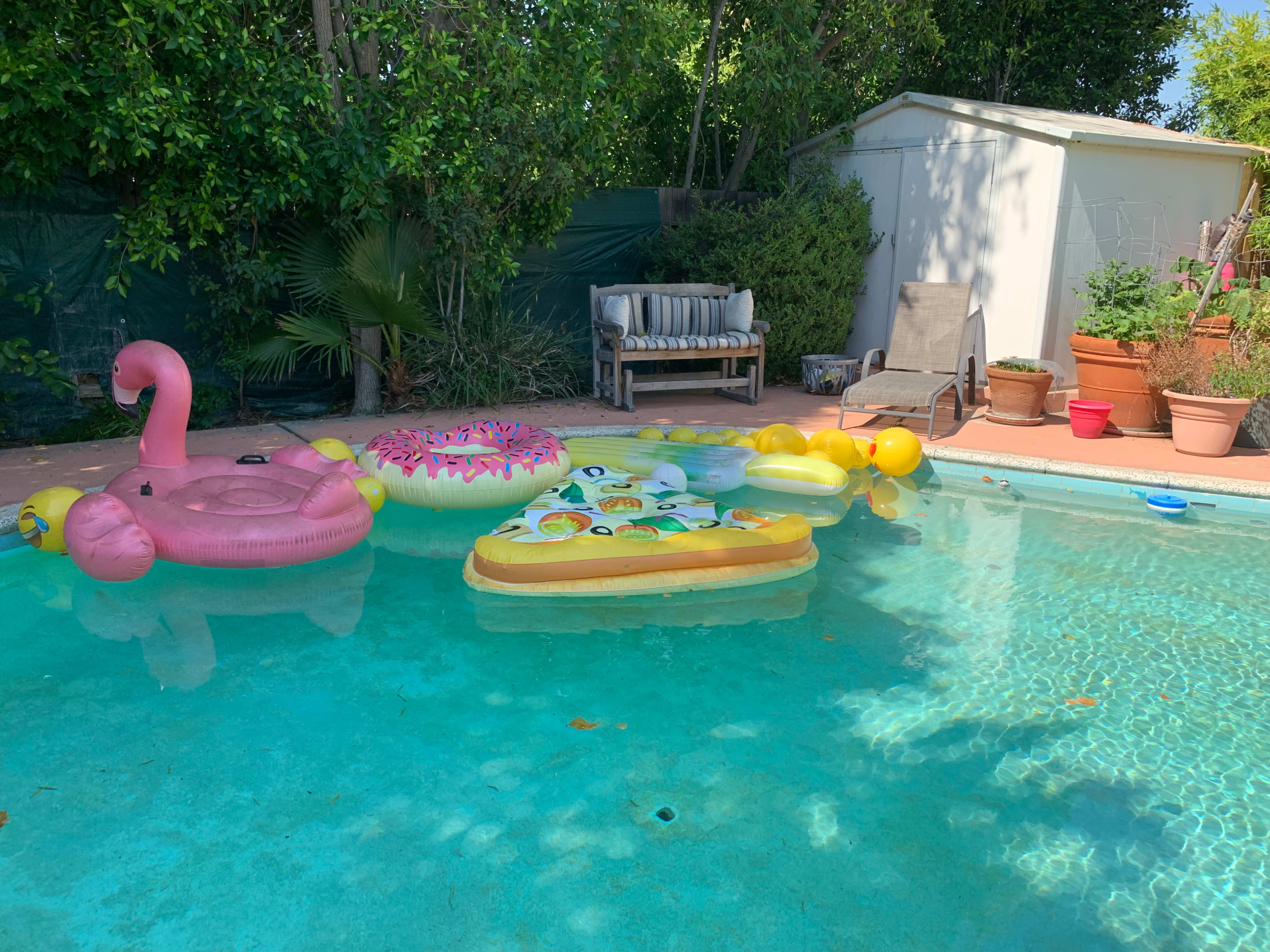 A swimming pool filled with various colorful inflatable floaties, including a flamingo and a donut, surrounded by potted plants and patio furniture.