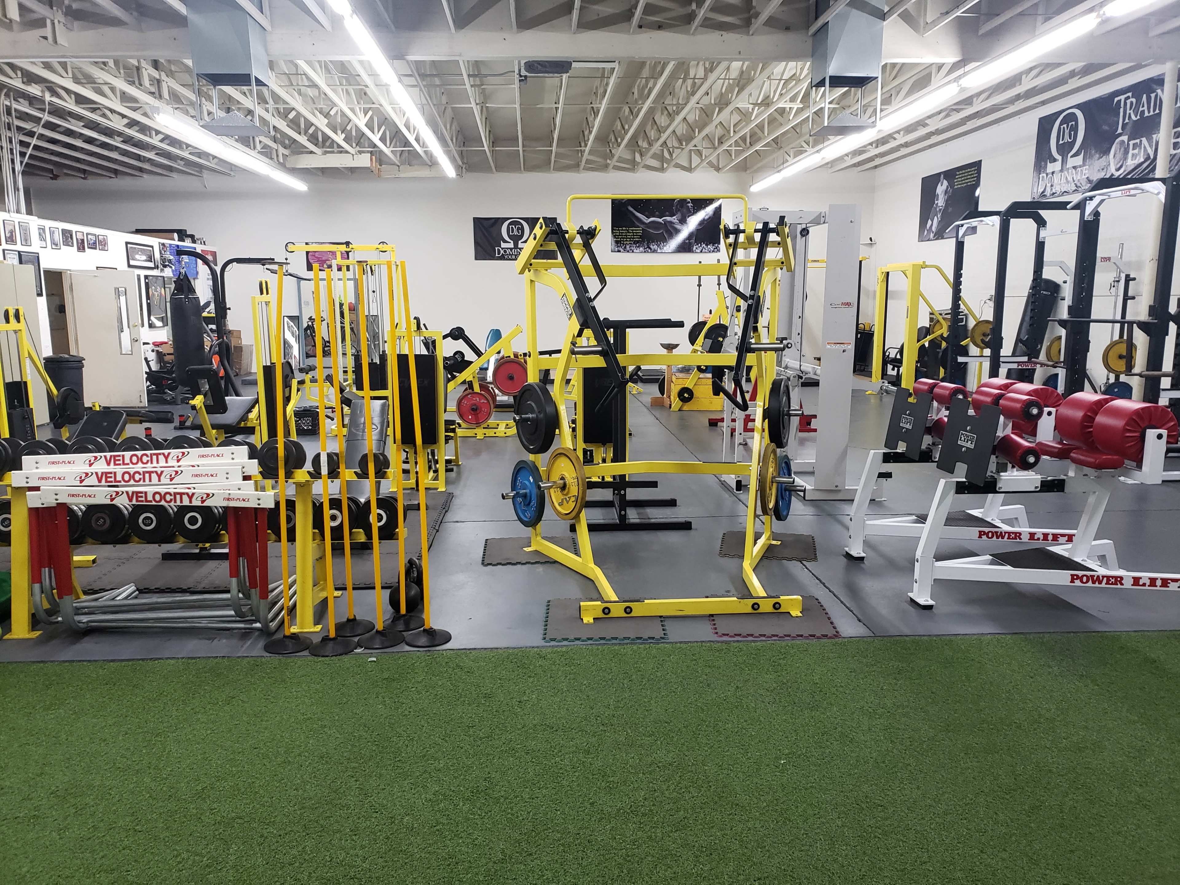 The image shows an organized gym with various weightlifting equipment and benches arranged around a turf area.