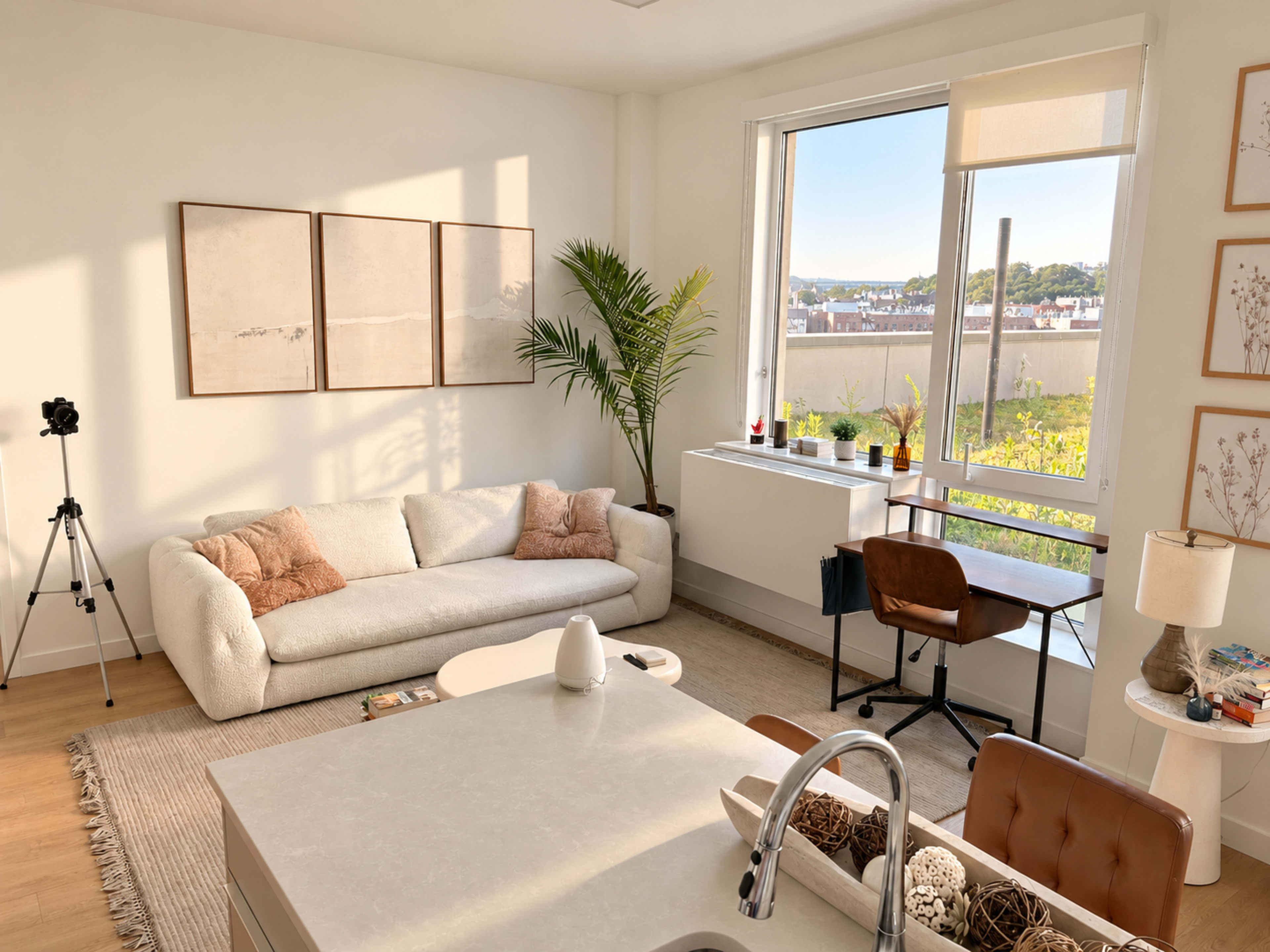 The image shows a bright, modern living room with a white couch, a small table with plants, and a window overlooking a cityscape.