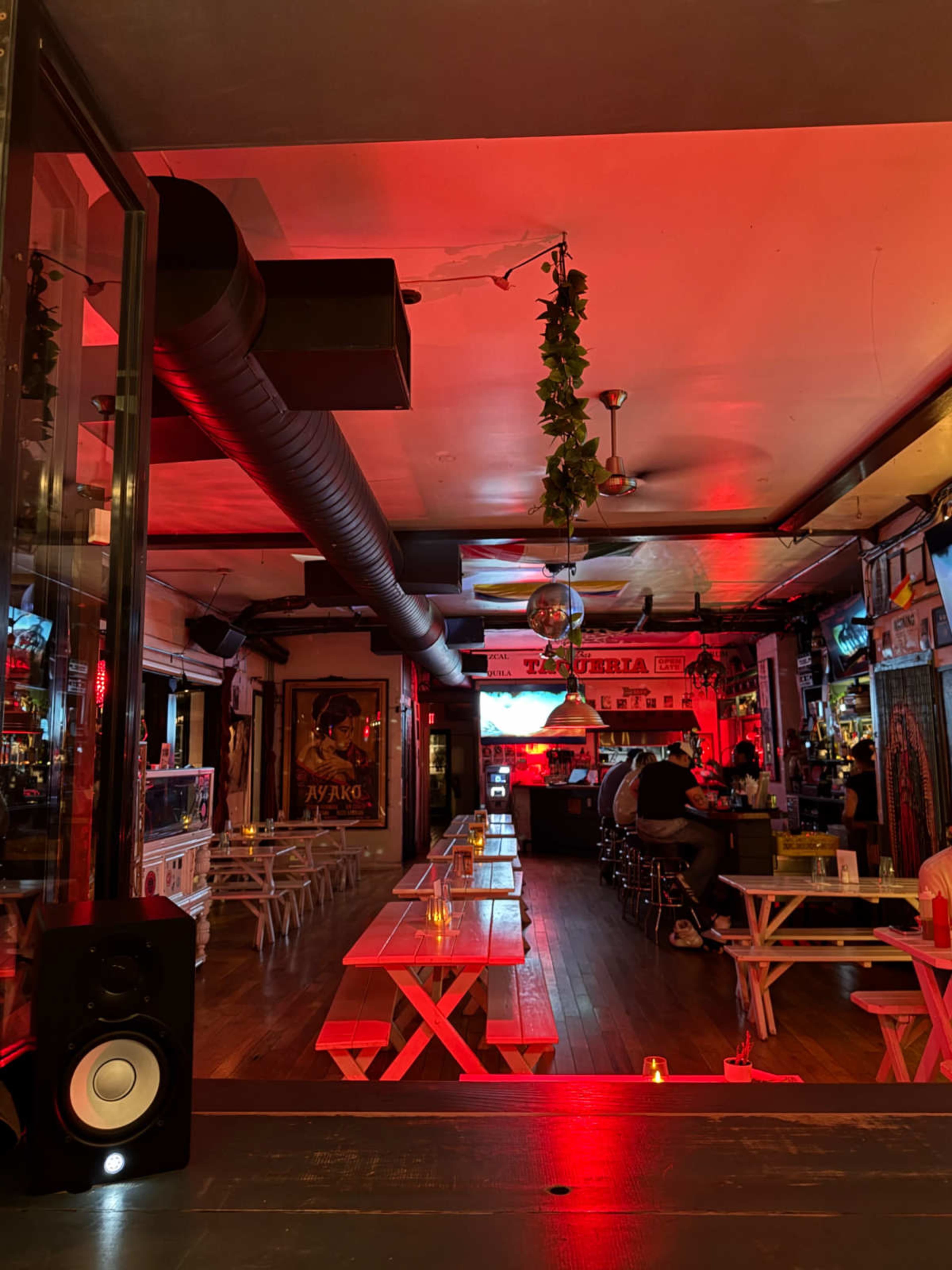 The image shows a dimly lit bar with wooden picnic-style tables and a long bar counter, adorned with decorative lights and a disco ball.