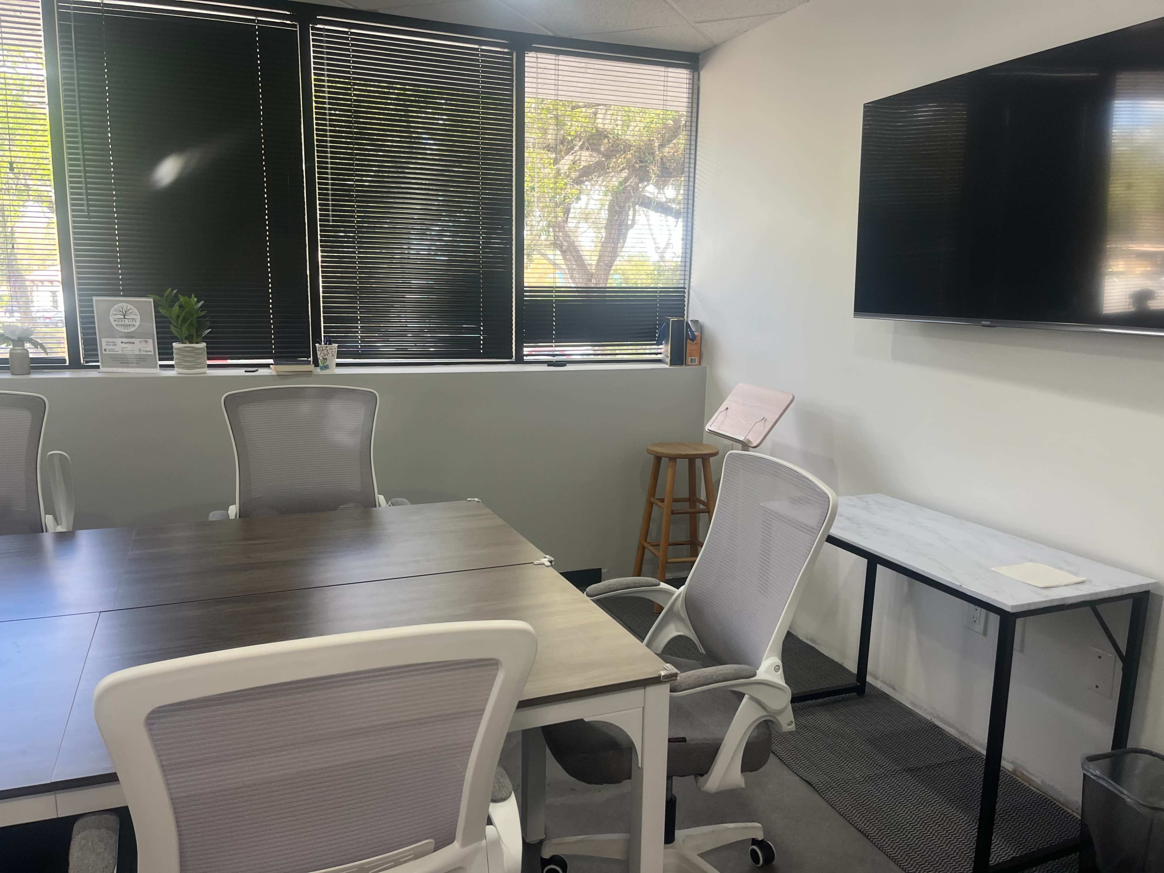 The image shows a modern office meeting room with a wooden table, several white ergonomic chairs, a television on the wall, and large windows with blinds.