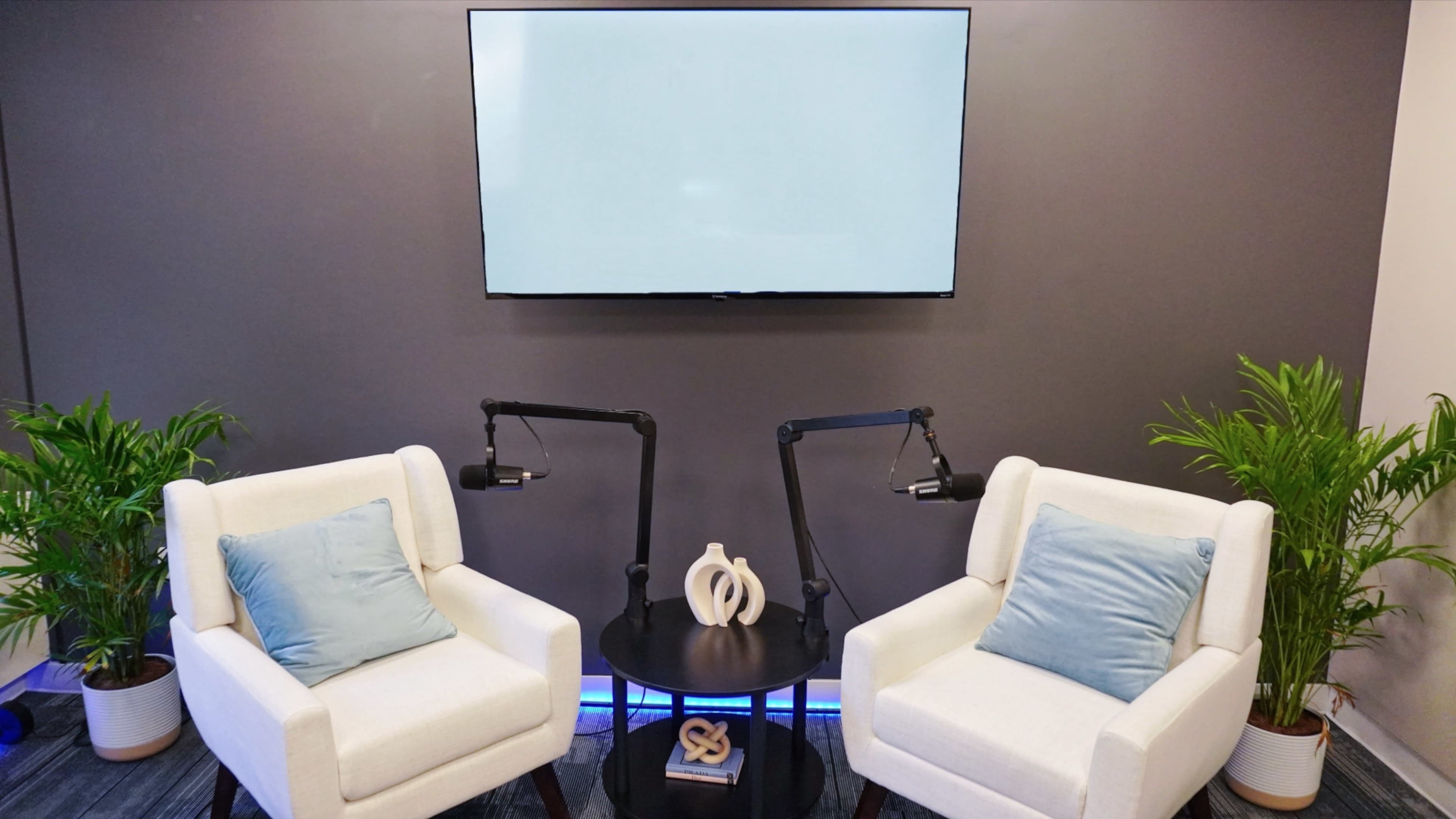The image shows a modern setup with two white chairs, a small round black table in between, and a wall-mounted television above, surrounded by potted plants.