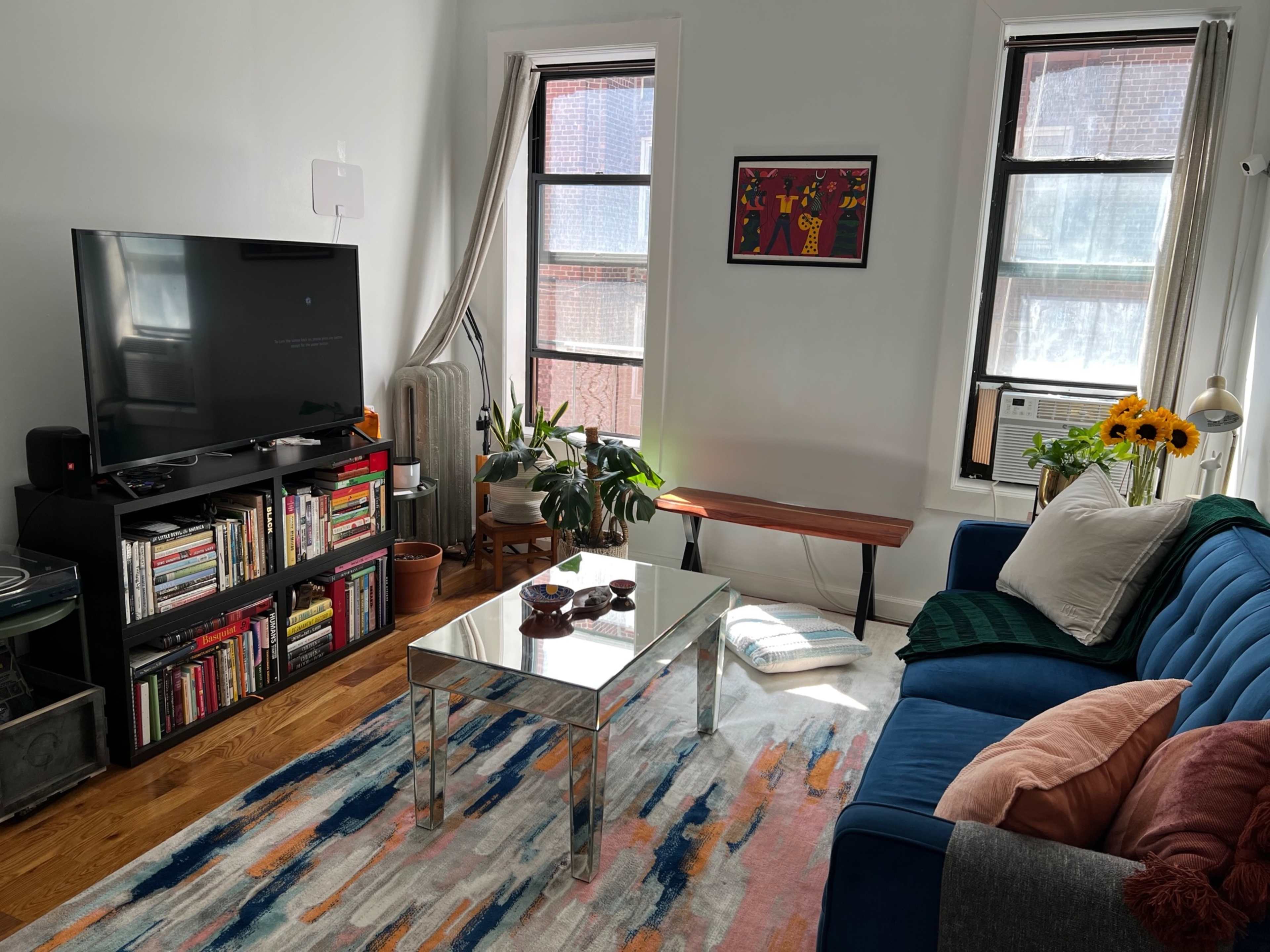A living room features a blue sofa, a coffee table, a TV unit filled with books, and plants, with sunlight streaming through the windows.