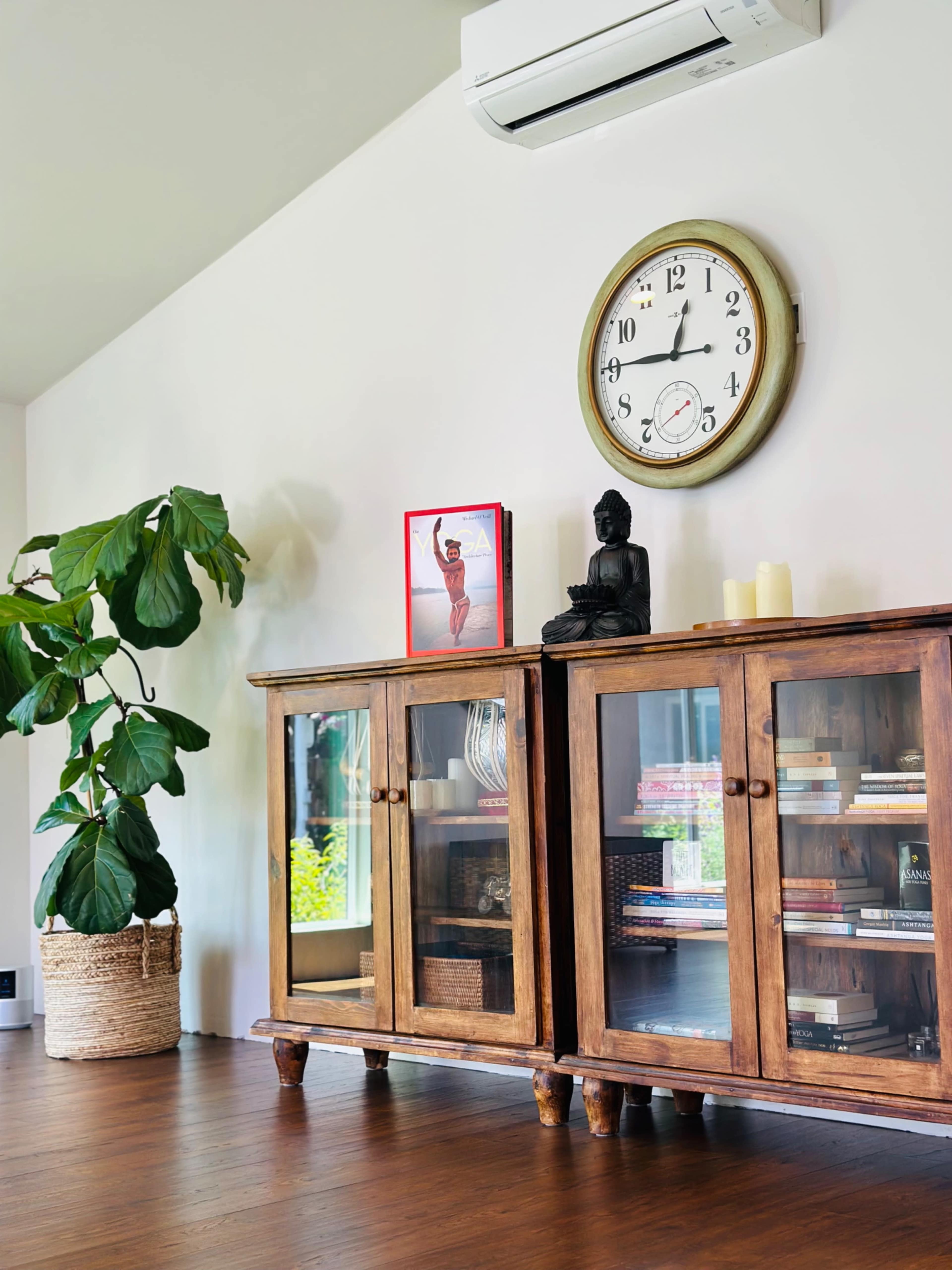 A wooden cabinet with glass doors displays books and a framed photo, accompanied by a clock and a potted plant in a room with hardwood floors.
