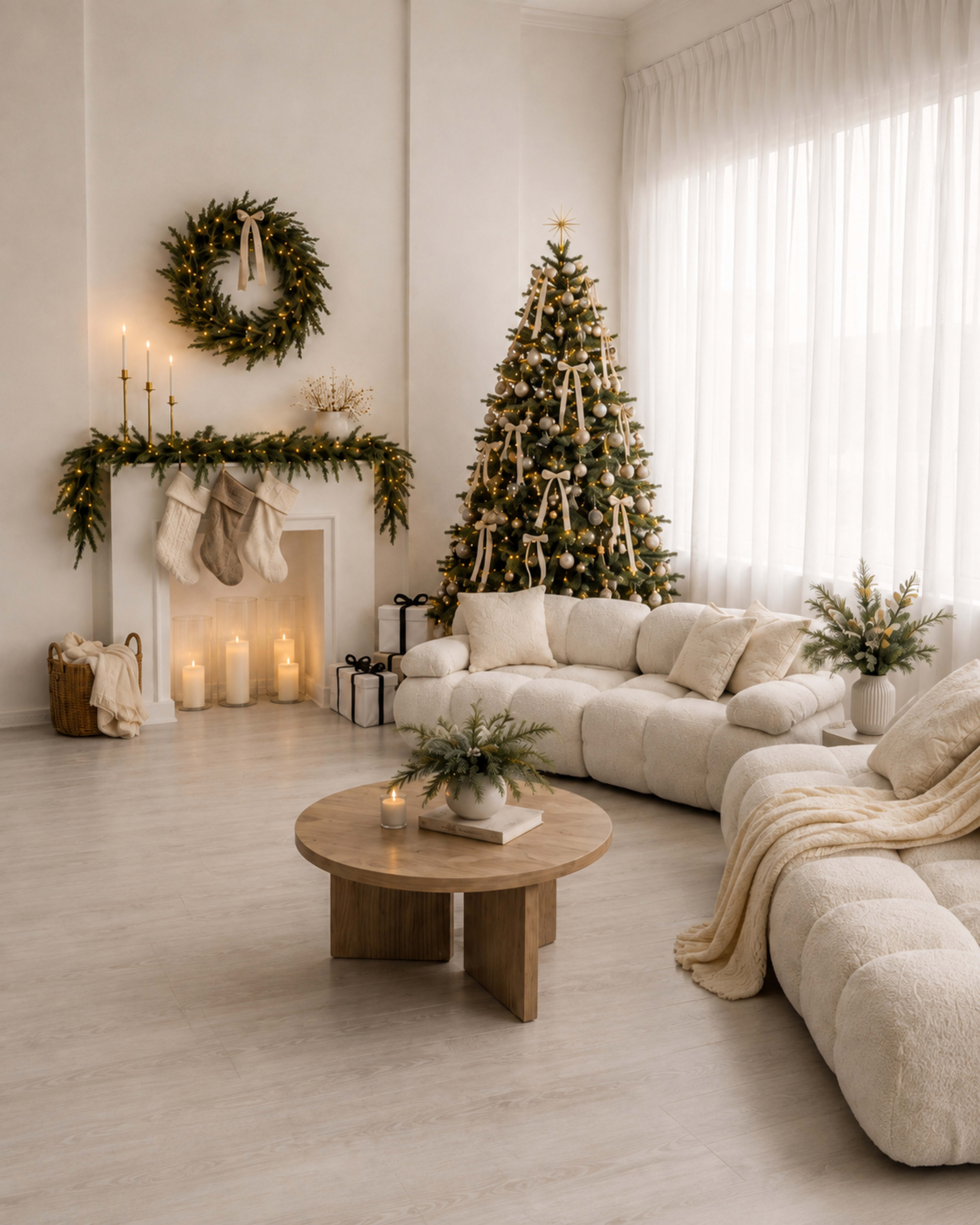 The image features a cozy living room adorned with a decorated Christmas tree, a fireplace with stockings, and a round wooden coffee table centered on plush sofas.