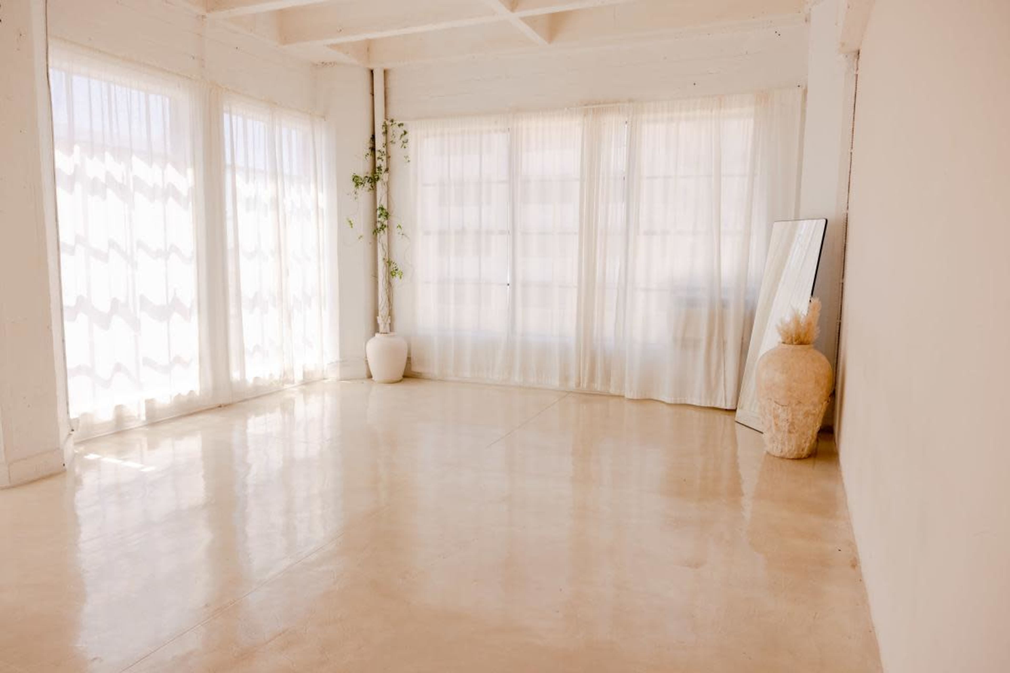 The image shows a minimalistic room with large windows covered by sheer curtains, a potted plant, a mirror, and a decorative vase on the floor.