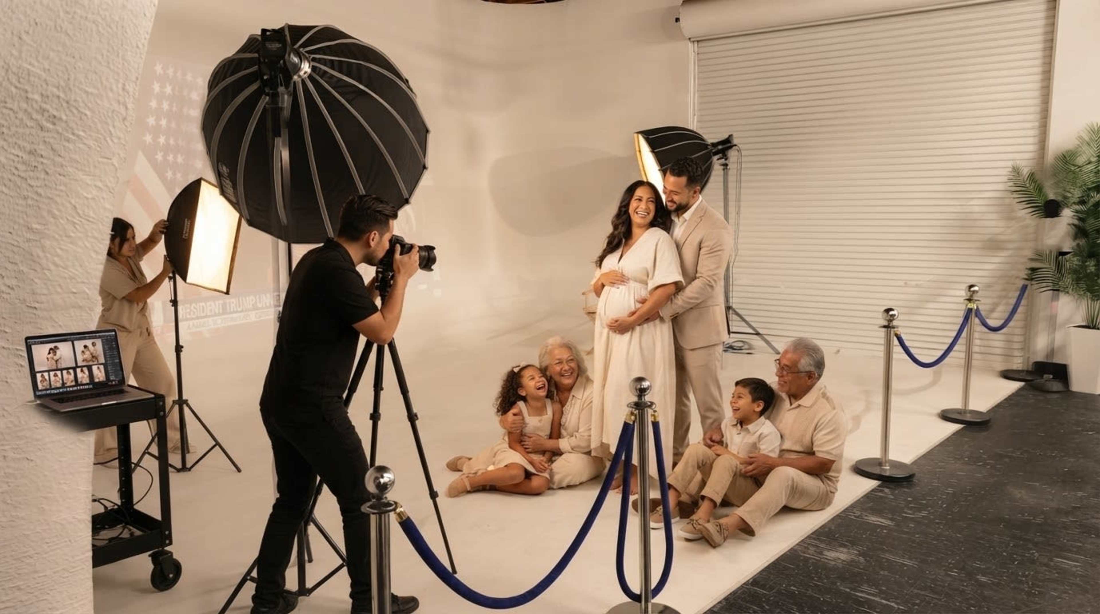 A family poses for a photoshoot in a studio with backdrops and lighting equipment while a photographer captures their portrait.