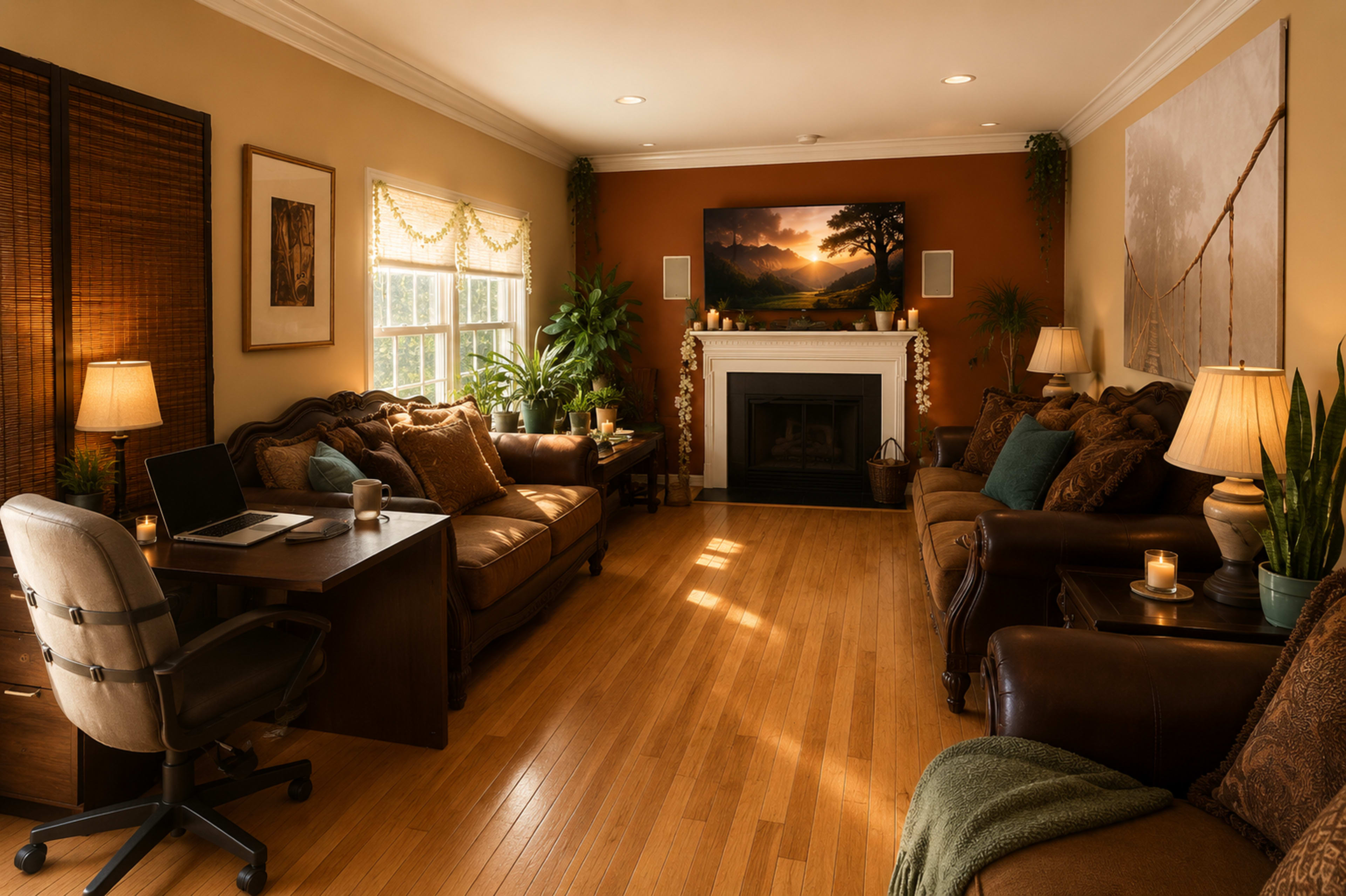 The image depicts a cozy living room with a fireplace, two brown sofas, a desk with a chair, and various indoor plants, all illuminated by warm, soft lighting.