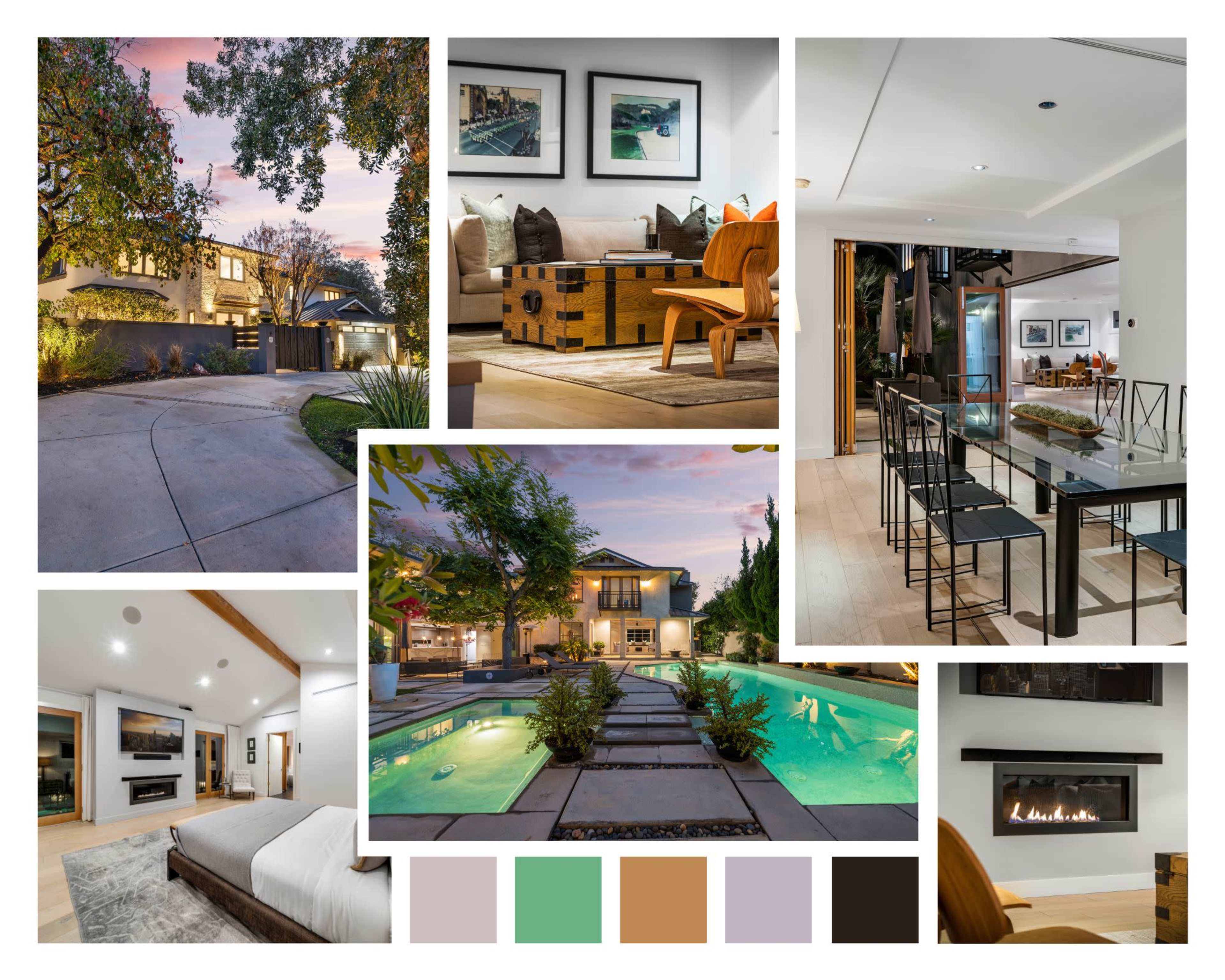 The collage showcases various angles and features of a modern house, including its exterior driveway, interior dining area, living space with a fireplace, and a backyard pool with landscaping.