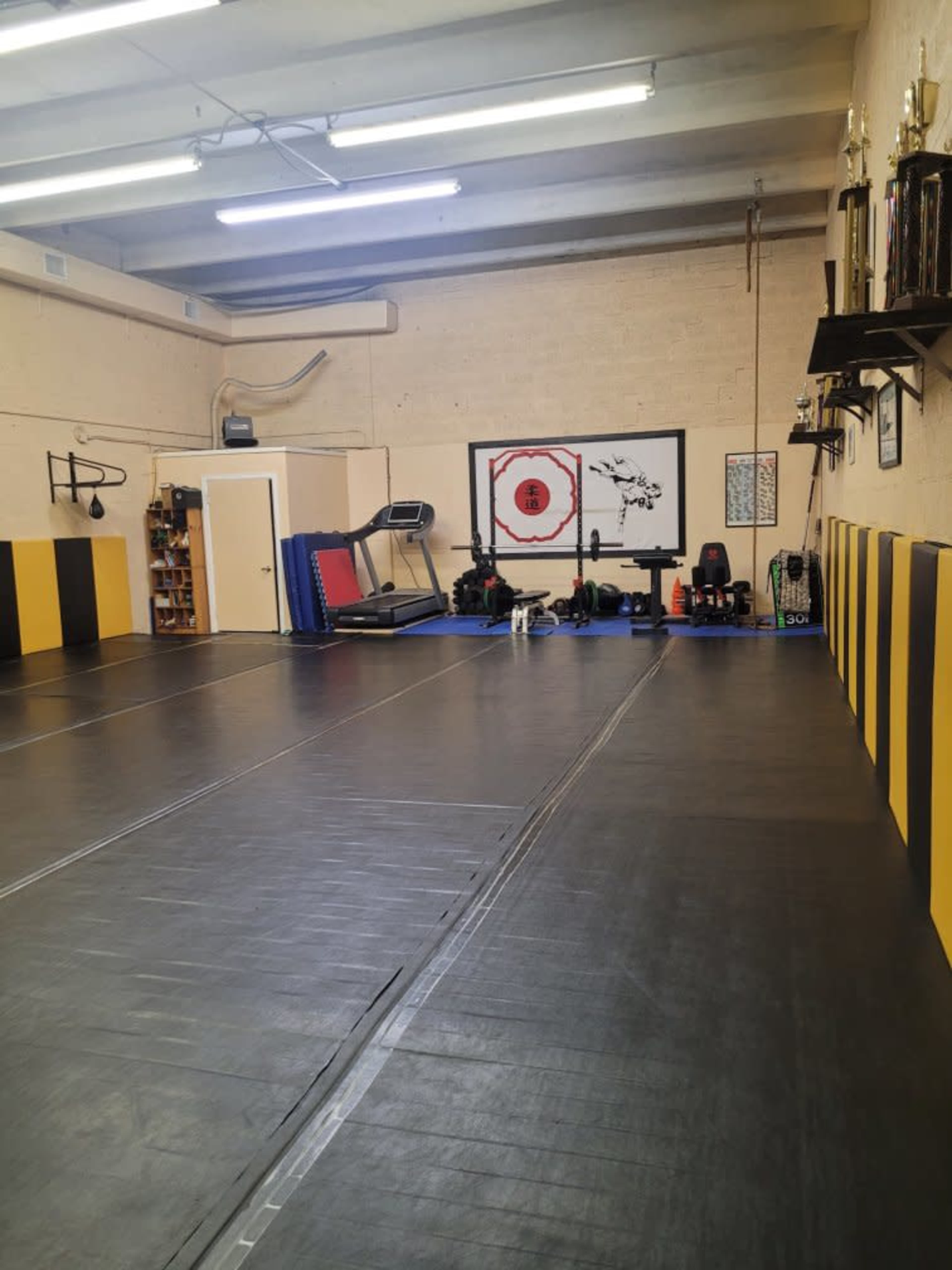 The image shows a martial arts training area with black and yellow padded walls, exercise equipment, and trophies displayed on shelves.