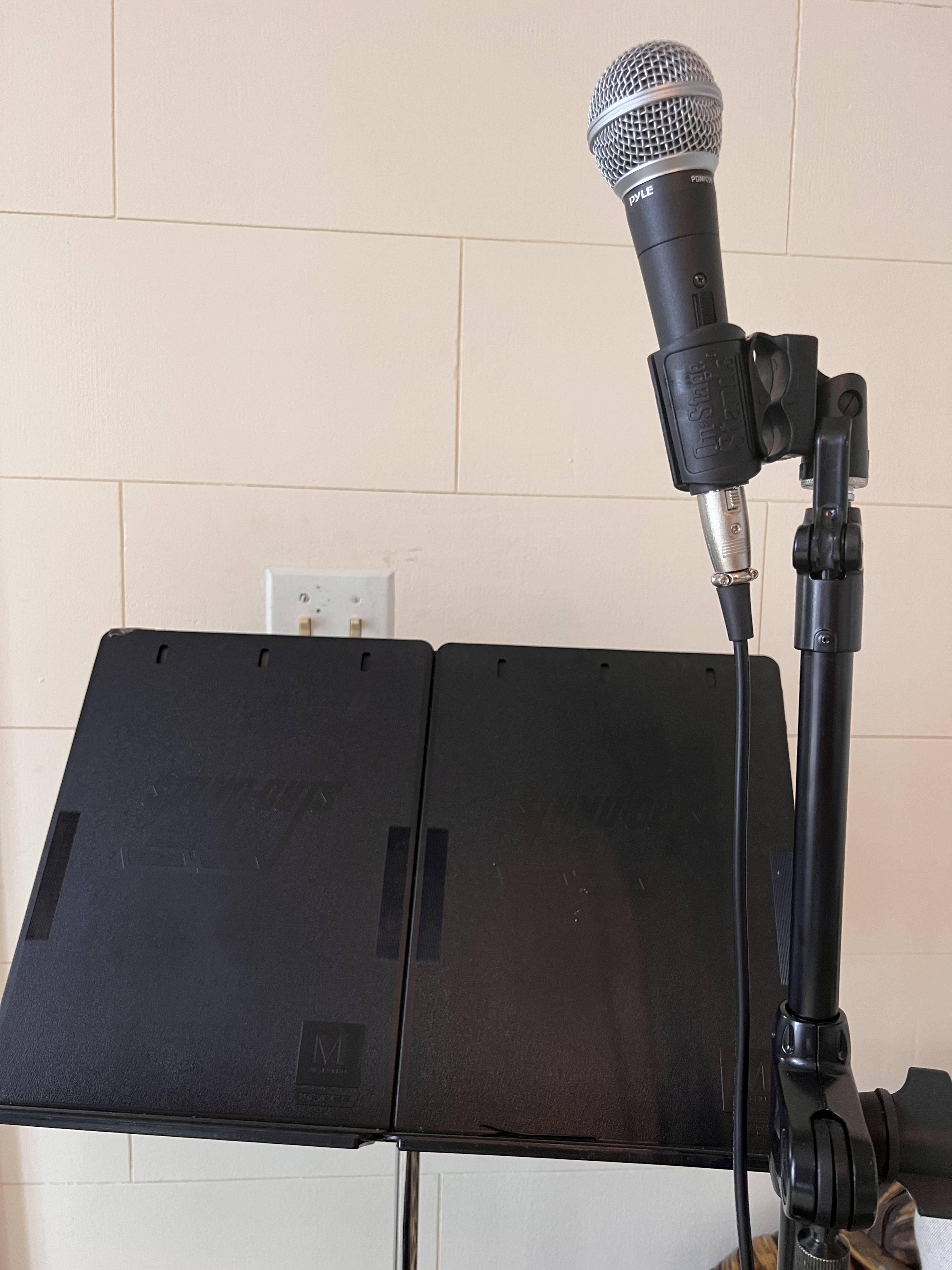 A microphone is mounted on a stand next to two music stands with black sheet holders.