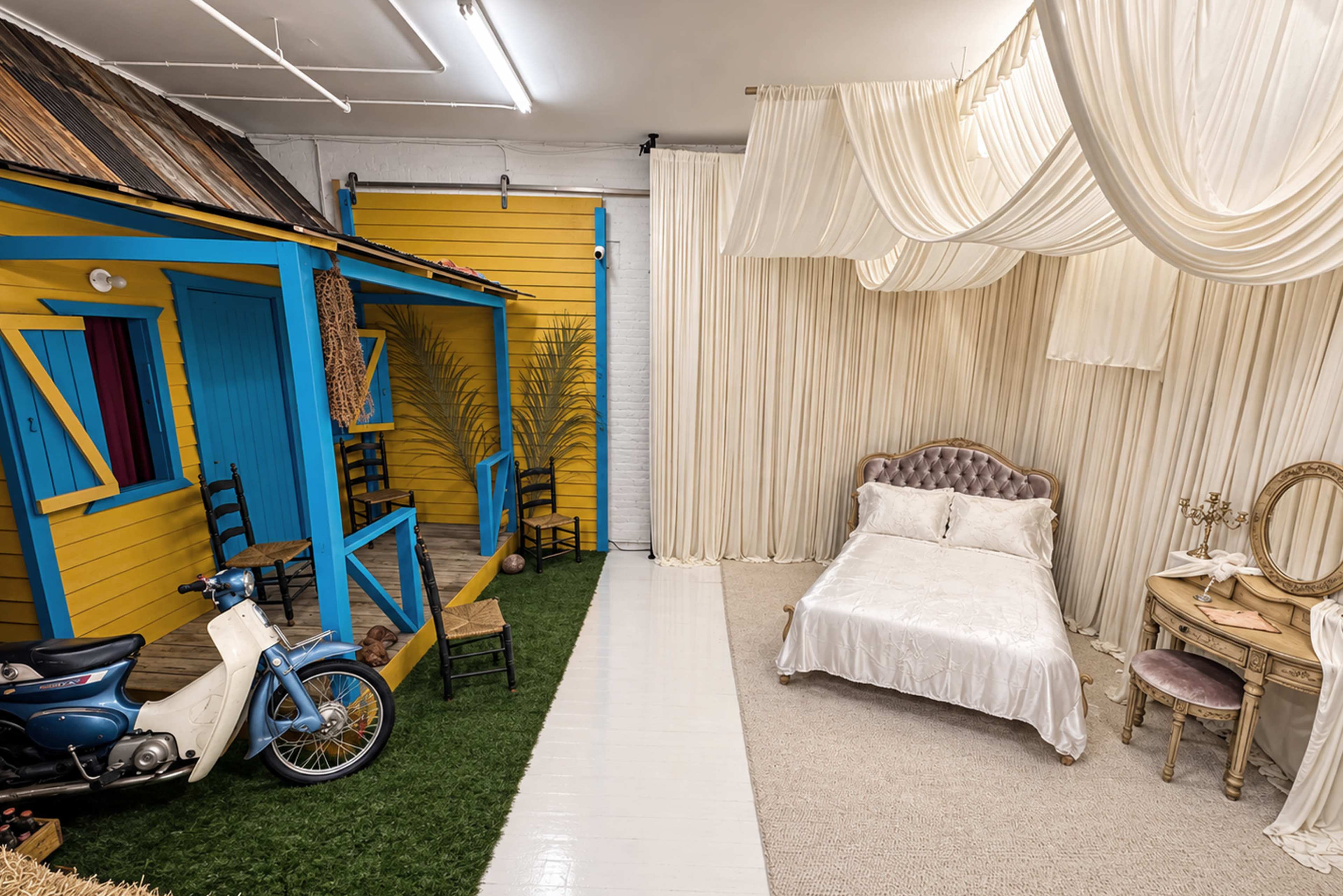 The image features a carefully designed studio space divided into two sections: one with a bright yellow and blue exterior resembling a house and the other showcasing a white, elegant bedroom setup with draped fabric and a bed.