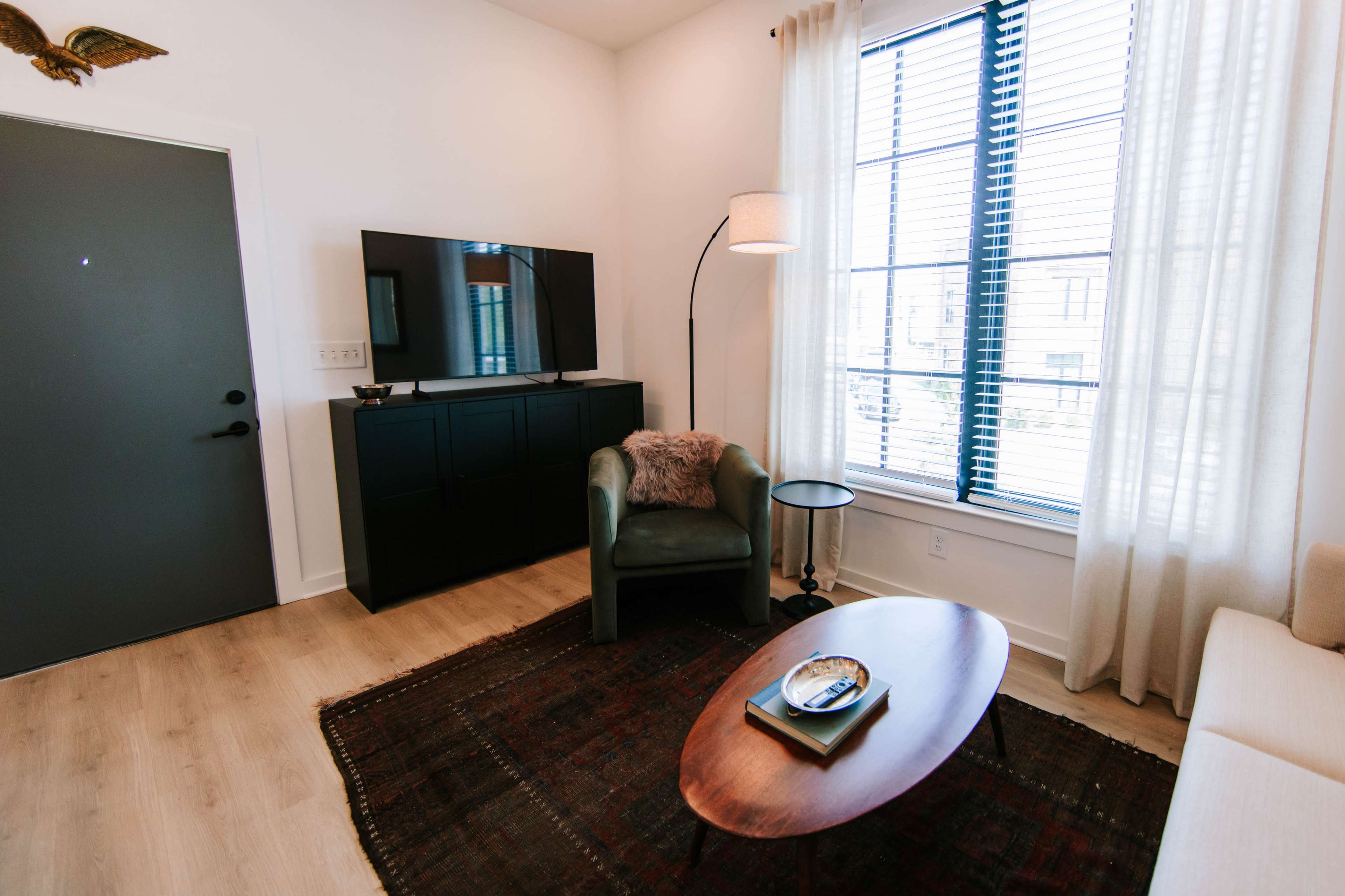The image shows a modern living room with a dark cabinet, a television, a green armchair, a circular side table, and a coffee table on a patterned rug, illuminated by natural light through large windows with white curtains.