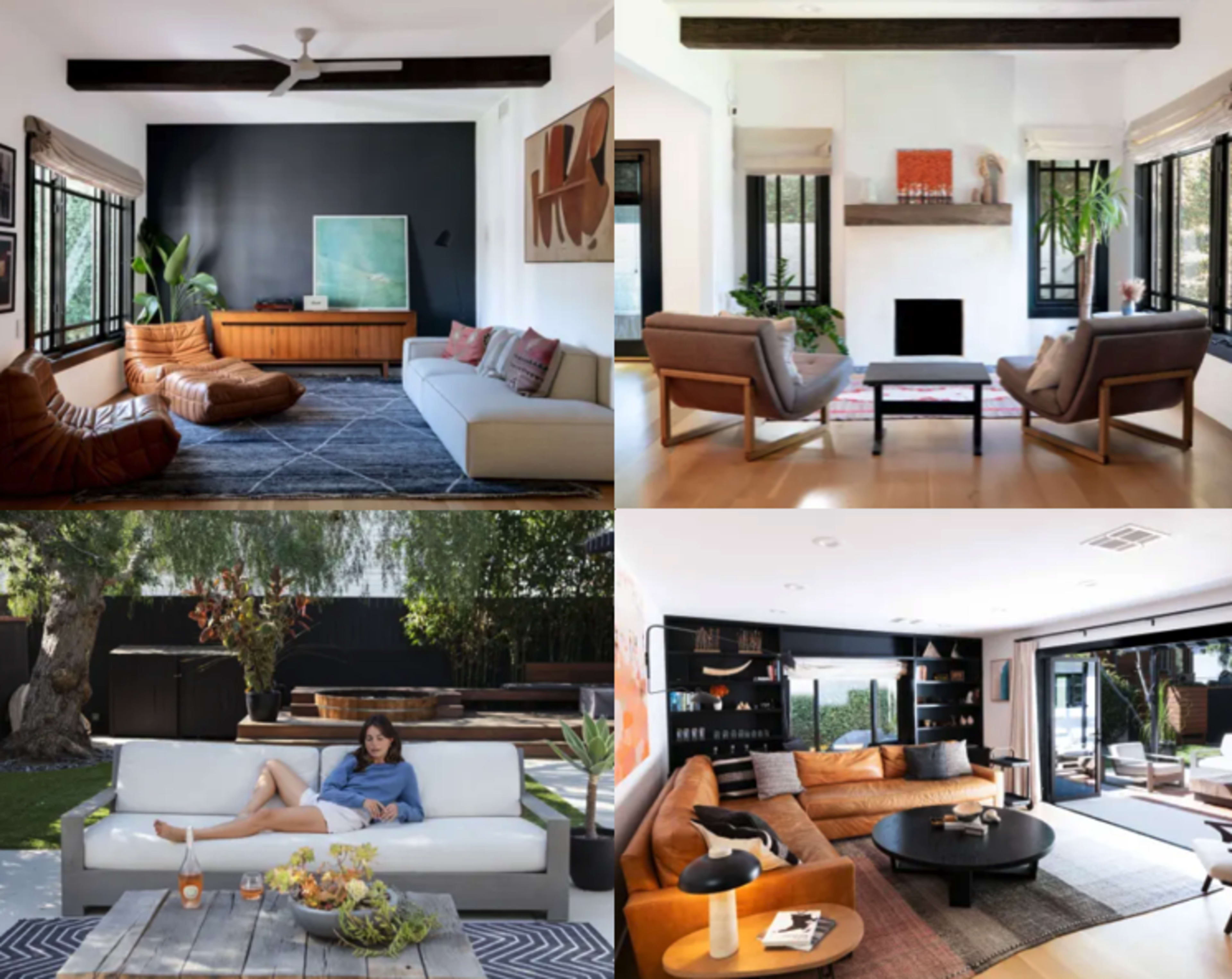 The image features a collage of four interiors, showcasing modern living spaces with varying furniture arrangements and natural light.
