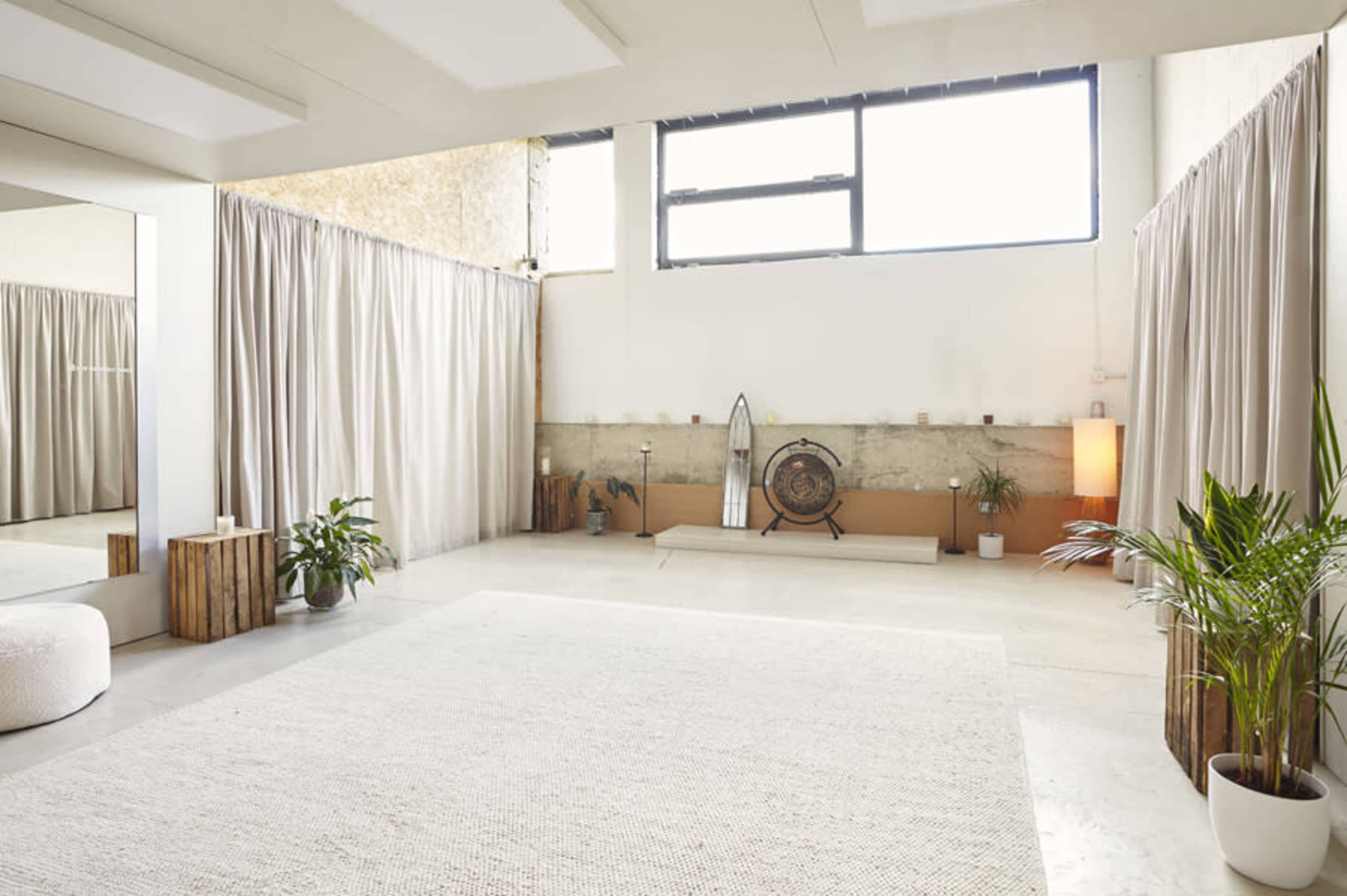 The image shows a spacious, minimalistic room with a large window, light curtains, plants, and a rug on the floor.