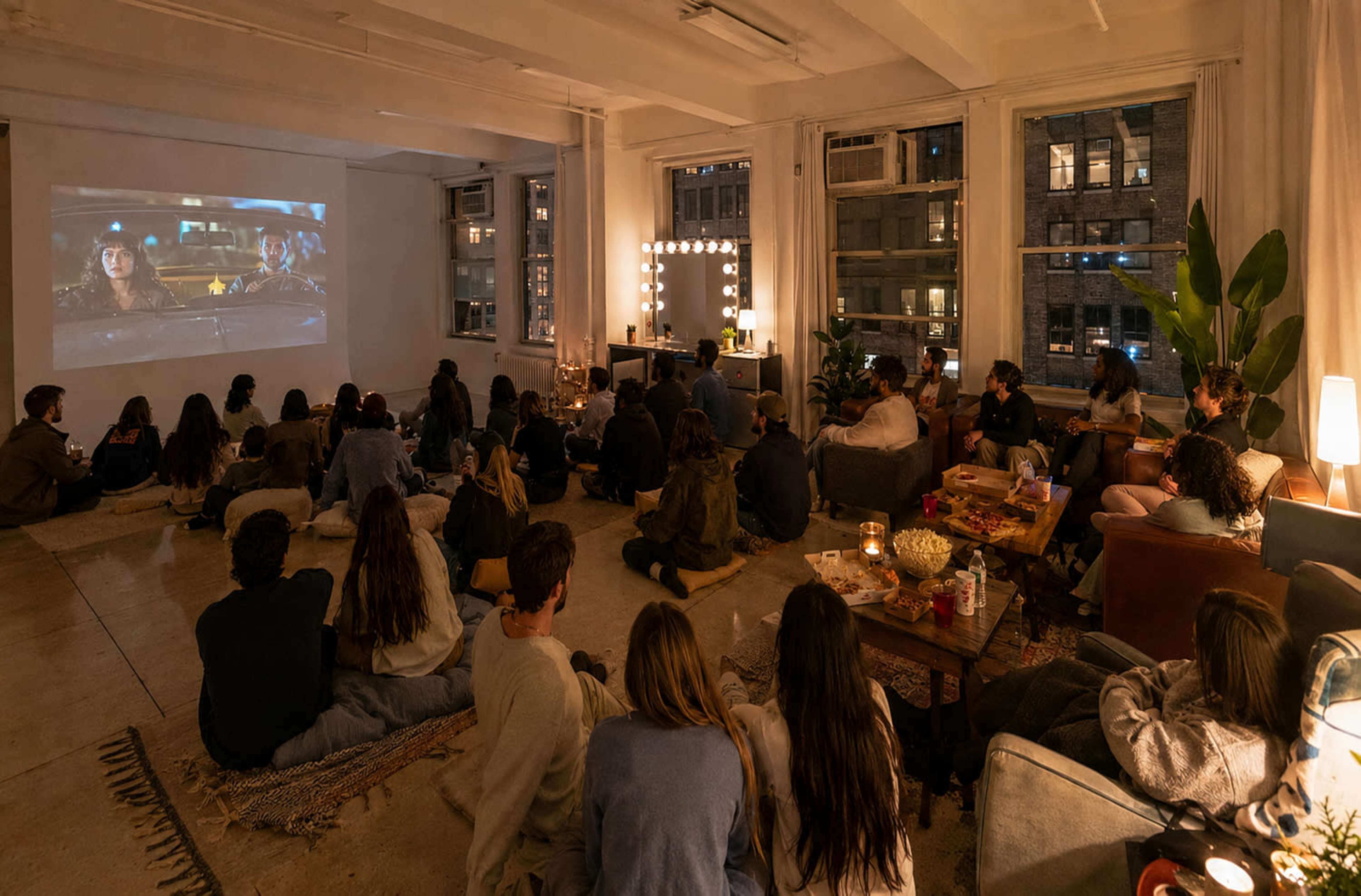 A group of people sits on the floor and couches in a well-lit room, watching a movie projected onto a wall.